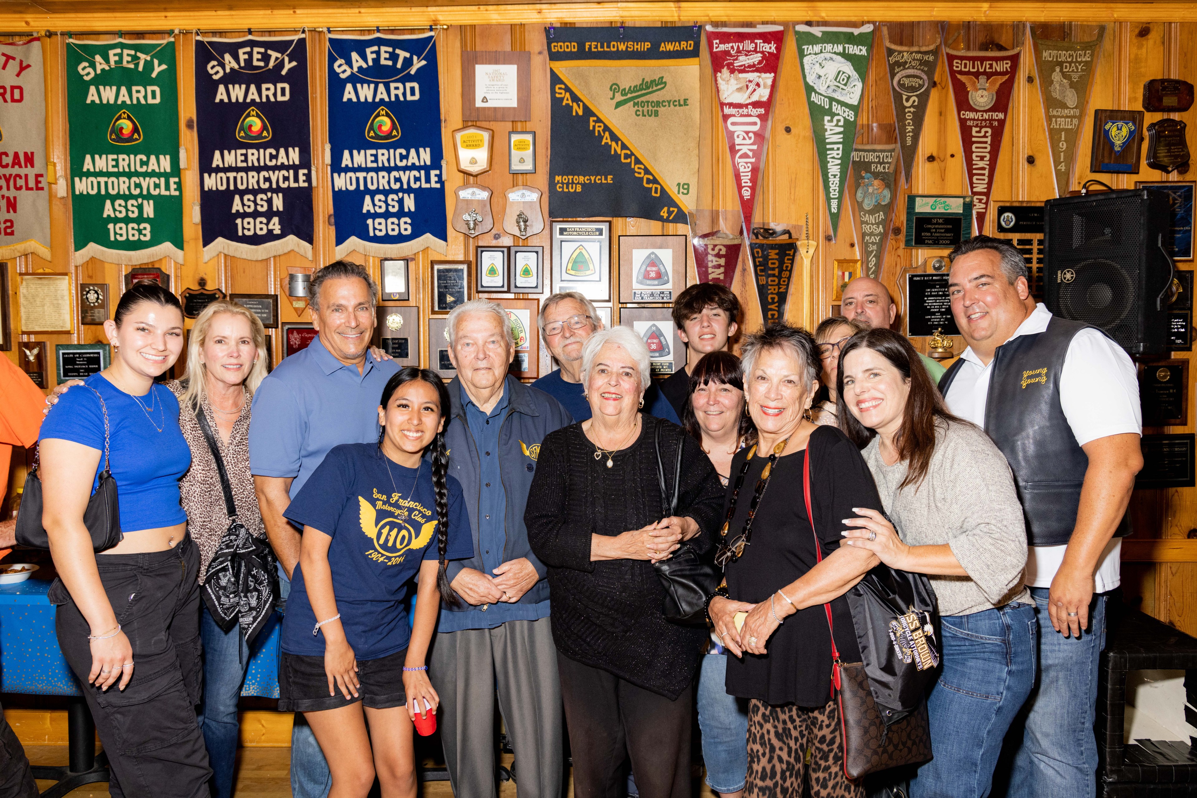 A family photo in the San Francisco Motorcycle Club.