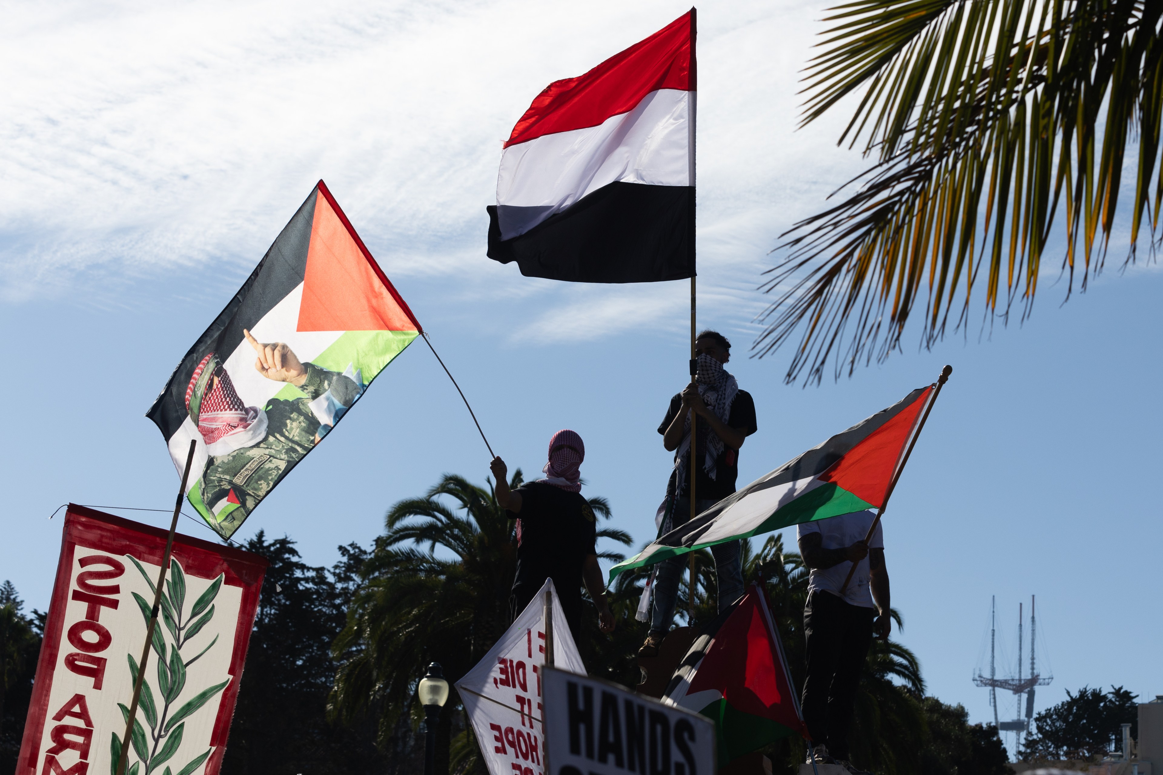 People are holding flags with red, black, white, and green colors against a bright sky. There are palm trees in the background. Signs with messages are visible.