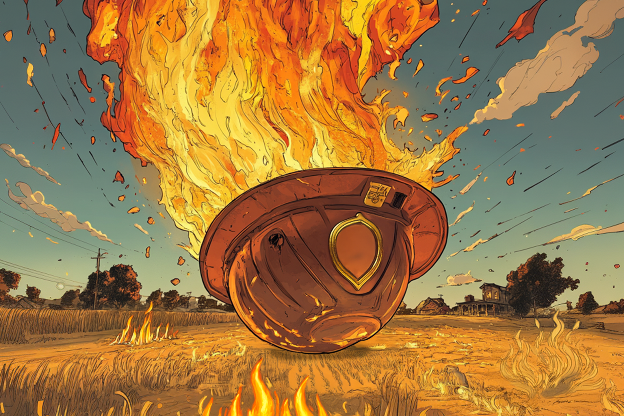 A fire burns in a firefighter helmet in a field, igniting surrounding grass, with a farmhouse and trees visible under a clear blue sky.