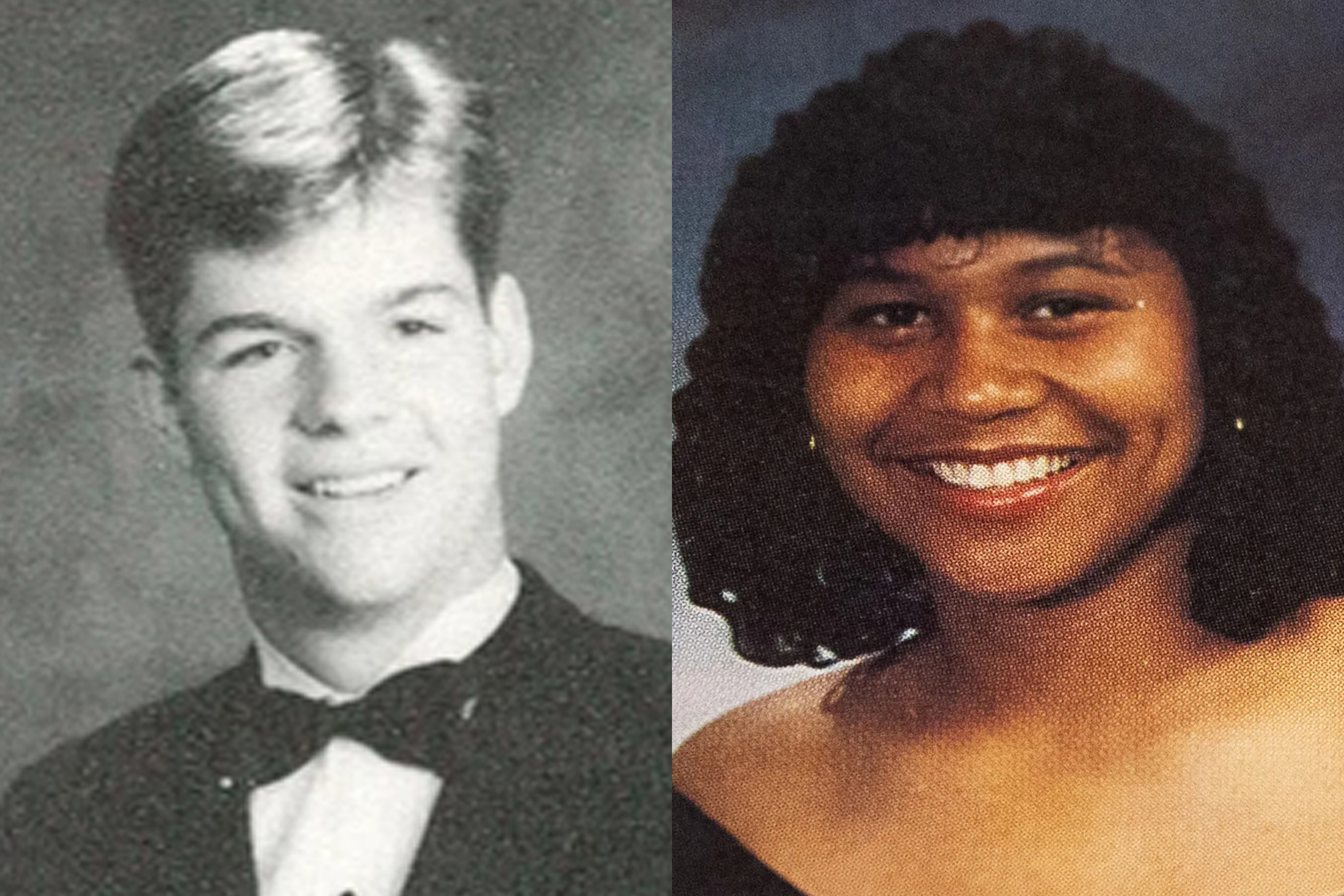 A split photo, on the left, Mark Farrell in high school, a headshot in a tuxedo. On the right, London Breed in high school with fancy hair and in a shoulderless dress.