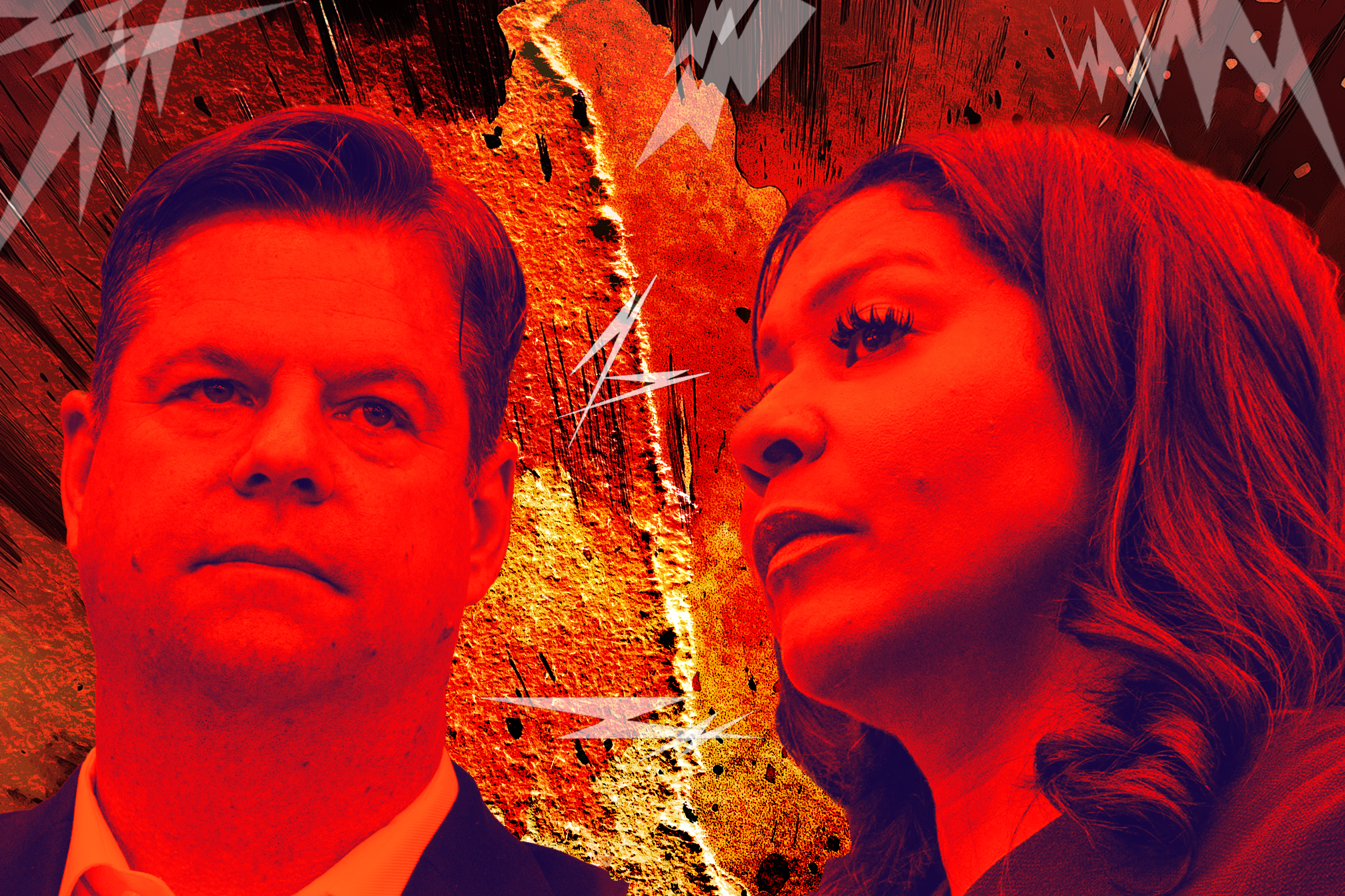 In this illustration, Mark Farrell and London Breed's faces are tinted red against a fiery backdrop.