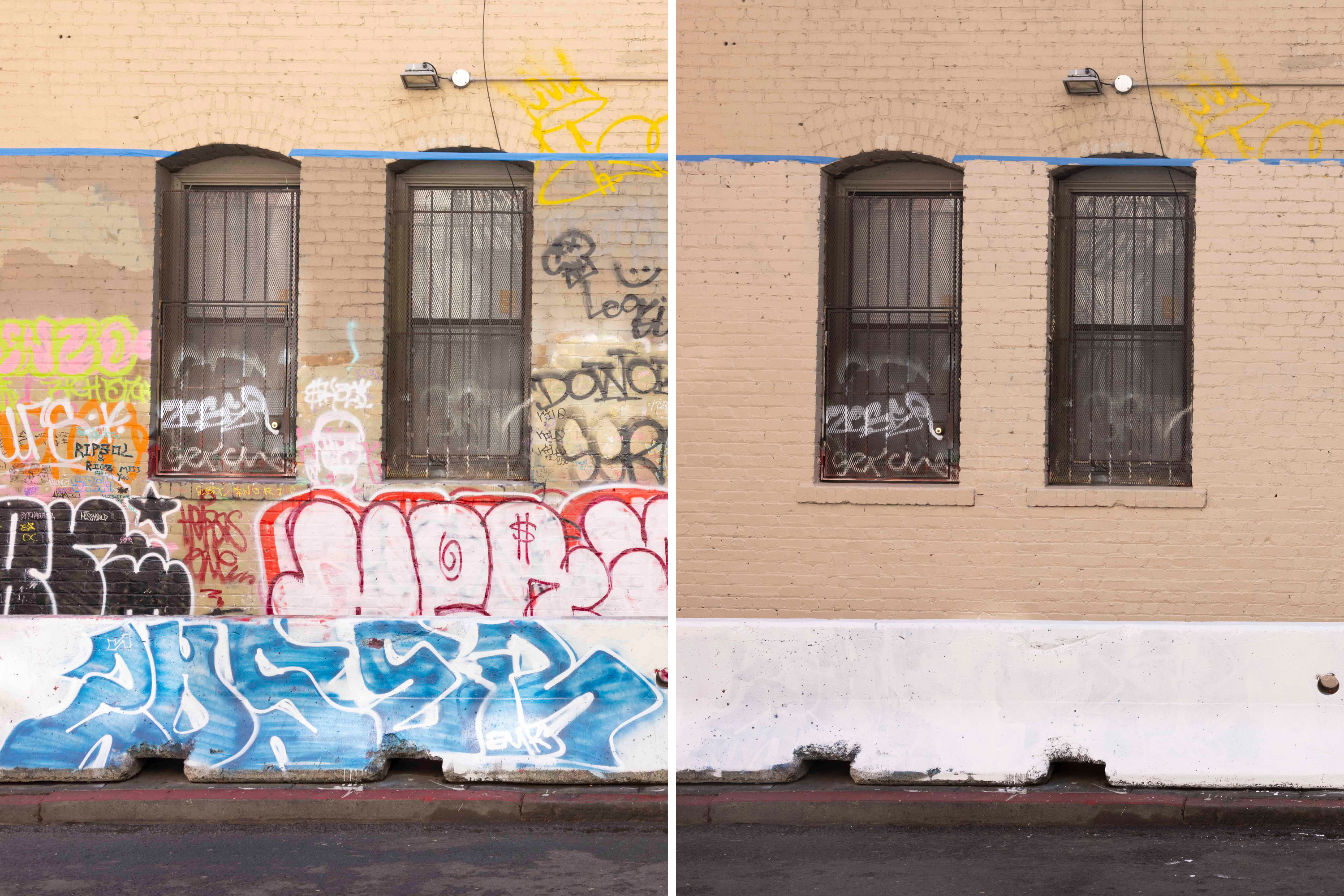 The image shows a split view of a brick wall with two barred windows. The left side is covered in colorful graffiti, while the right side is cleaned up.