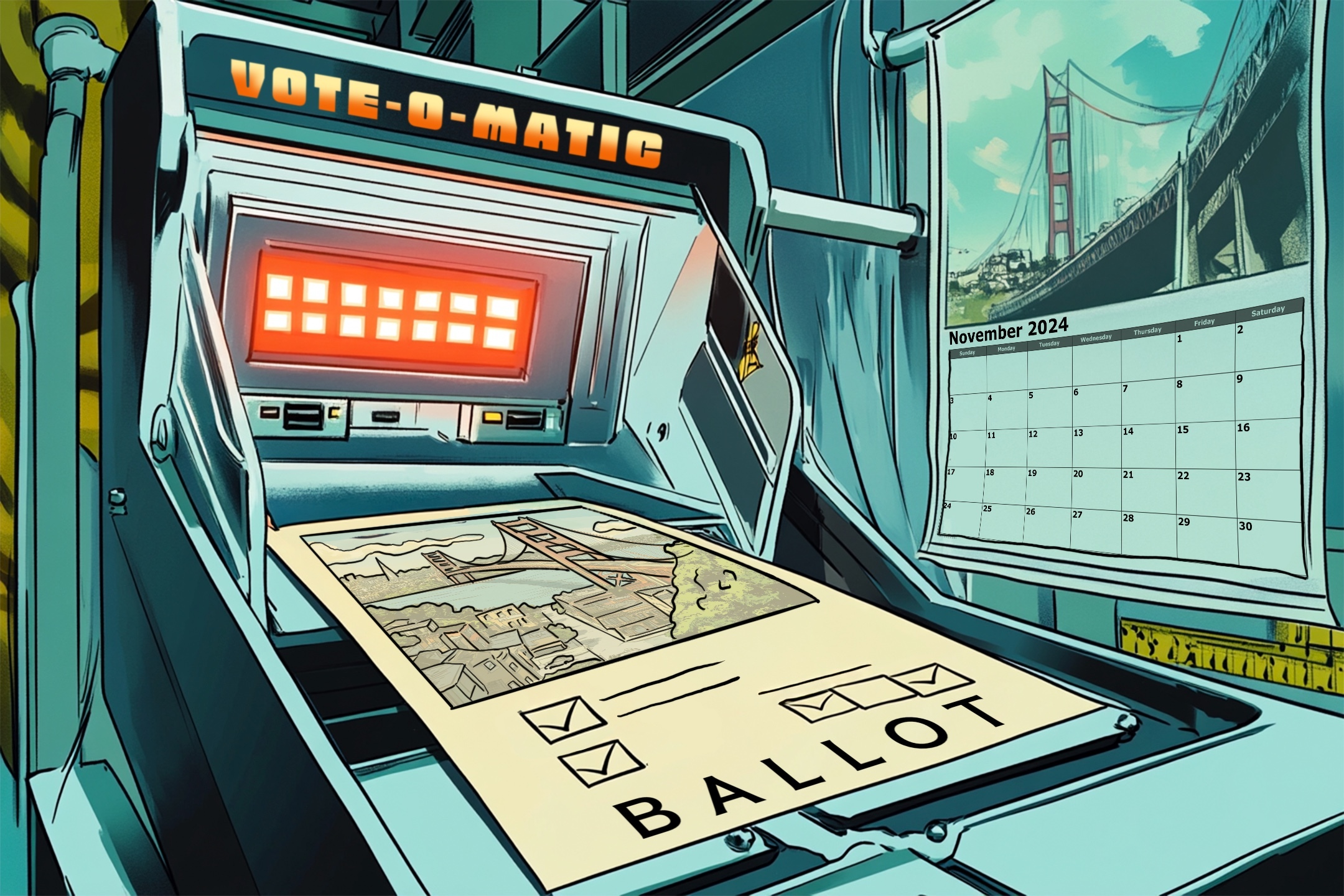 The image shows a retro-style voting machine labeled "Vote-O-Matic" with a ballot inside. A calendar for November 2024, featuring a bridge, is on the wall.