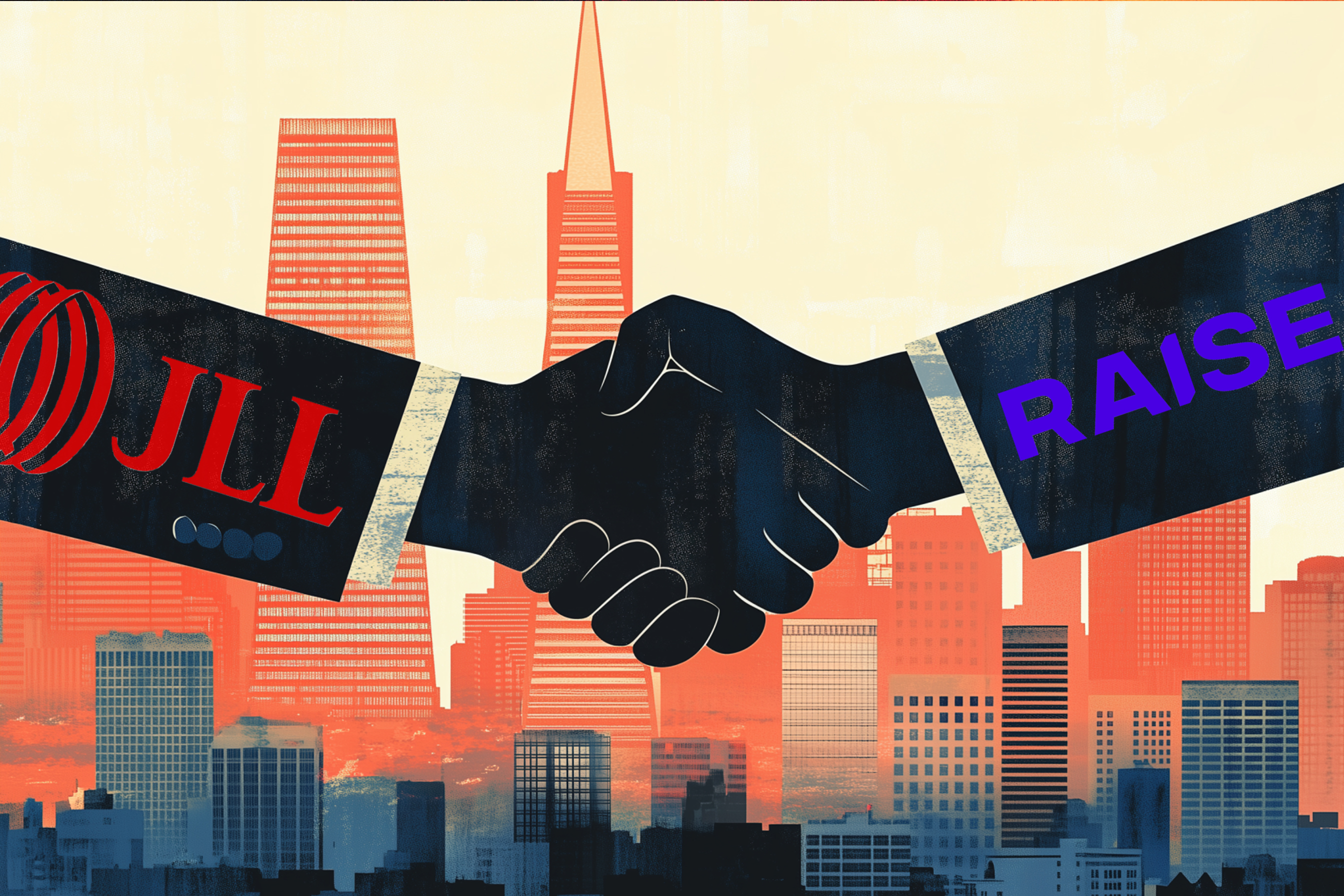 Two hands in suits labeled "JLL" and "RAISE" shake hands against a red-orange city skyline, symbolizing a business deal or partnership.