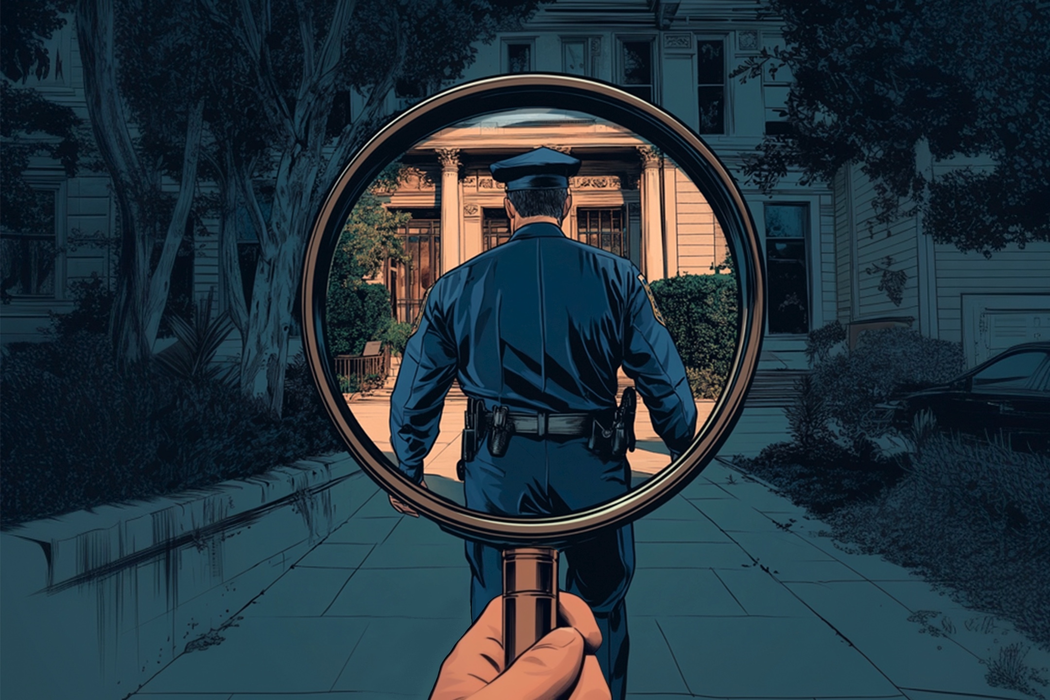 A person holds a magnifying glass, focusing on a police officer walking towards a house. The scene is surrounded by trees and a pathway.