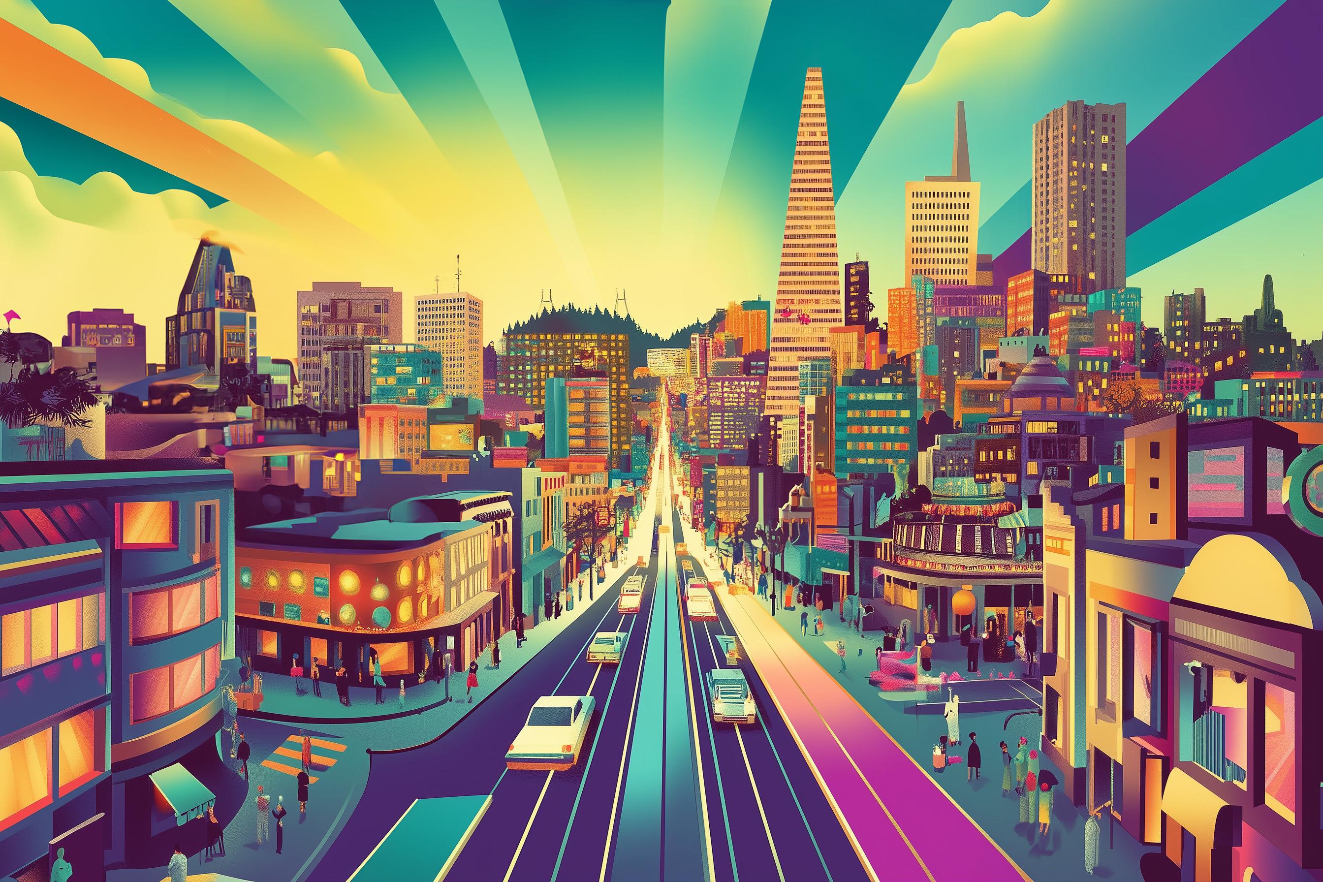 A vibrant cityscape features colorful buildings, a bustling street, and a sunset sky with radiant streaks. People and cars line the road, providing a lively atmosphere.