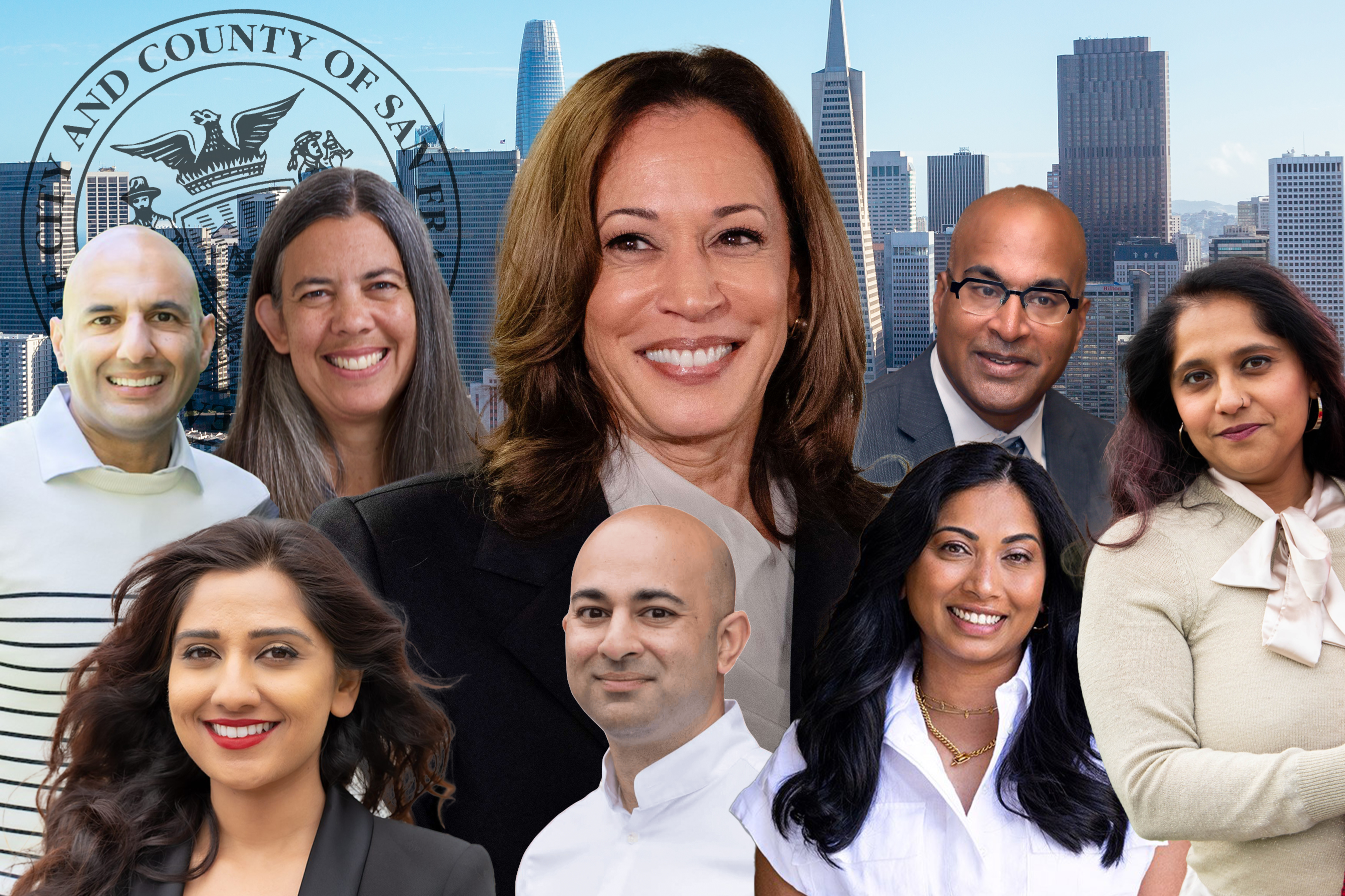 A montage of eight smiling people with a city skyline background. The largest person is centered, surrounded by others. A seal and tall buildings are visible.