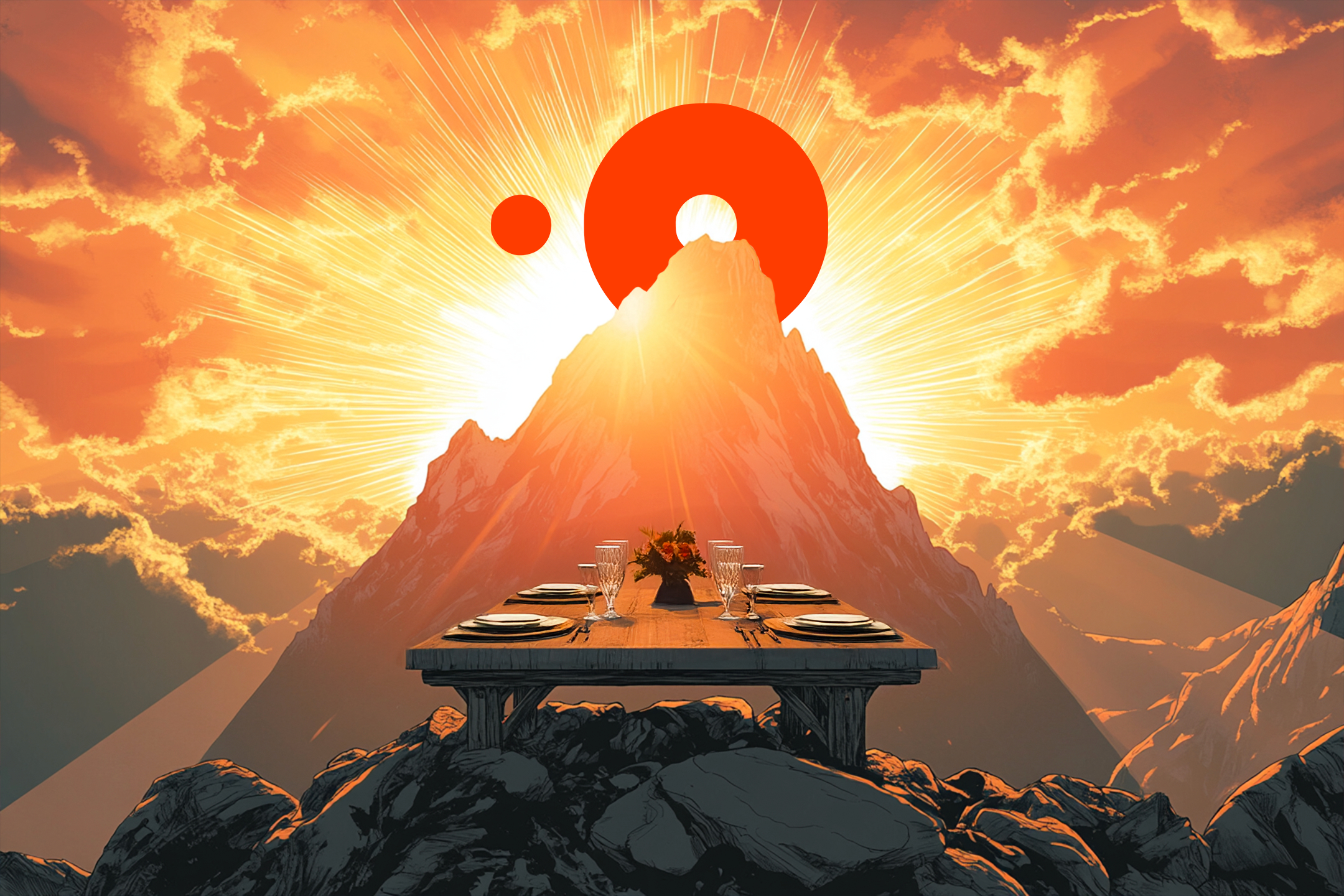 A wooden table set for four is perched on rocks, with a brilliant sunrise and a red circle casting light over a mountainous landscape.