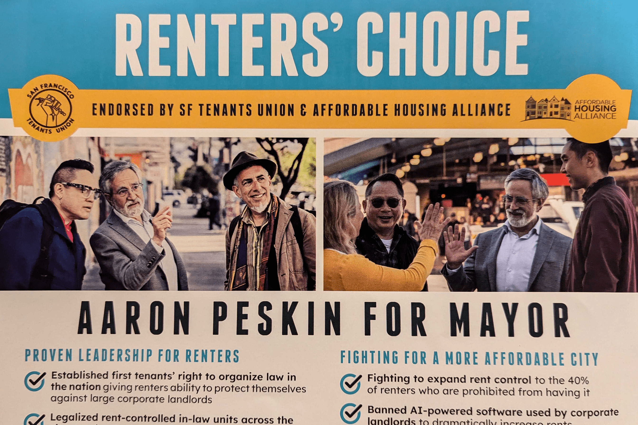 A modern flyer for Peskin's mayoral candidacy reading &quot;renter's choice.&quot;