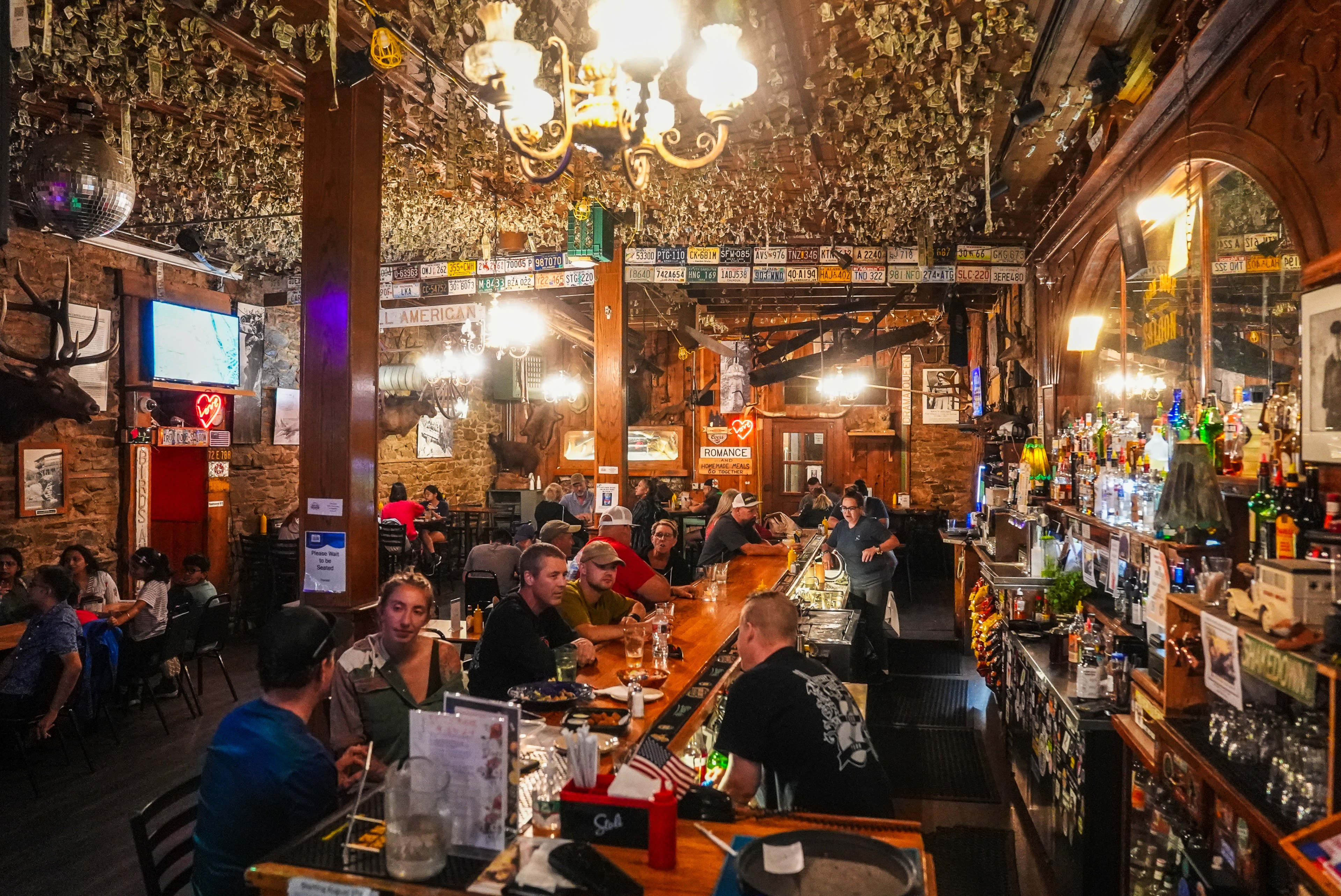 The image shows a lively bar scene with people seated at a long wooden counter. The ceiling is decorated with dollar bills, and license plates cover the walls.