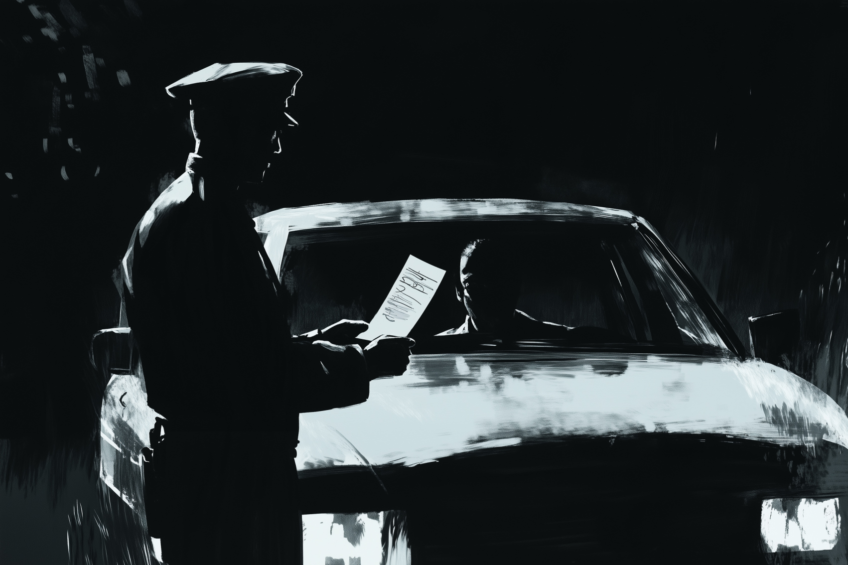 A silhouette of a police officer stands by a car, holding a document with handwriting. The driver is dimly visible inside the vehicle in a dark setting.