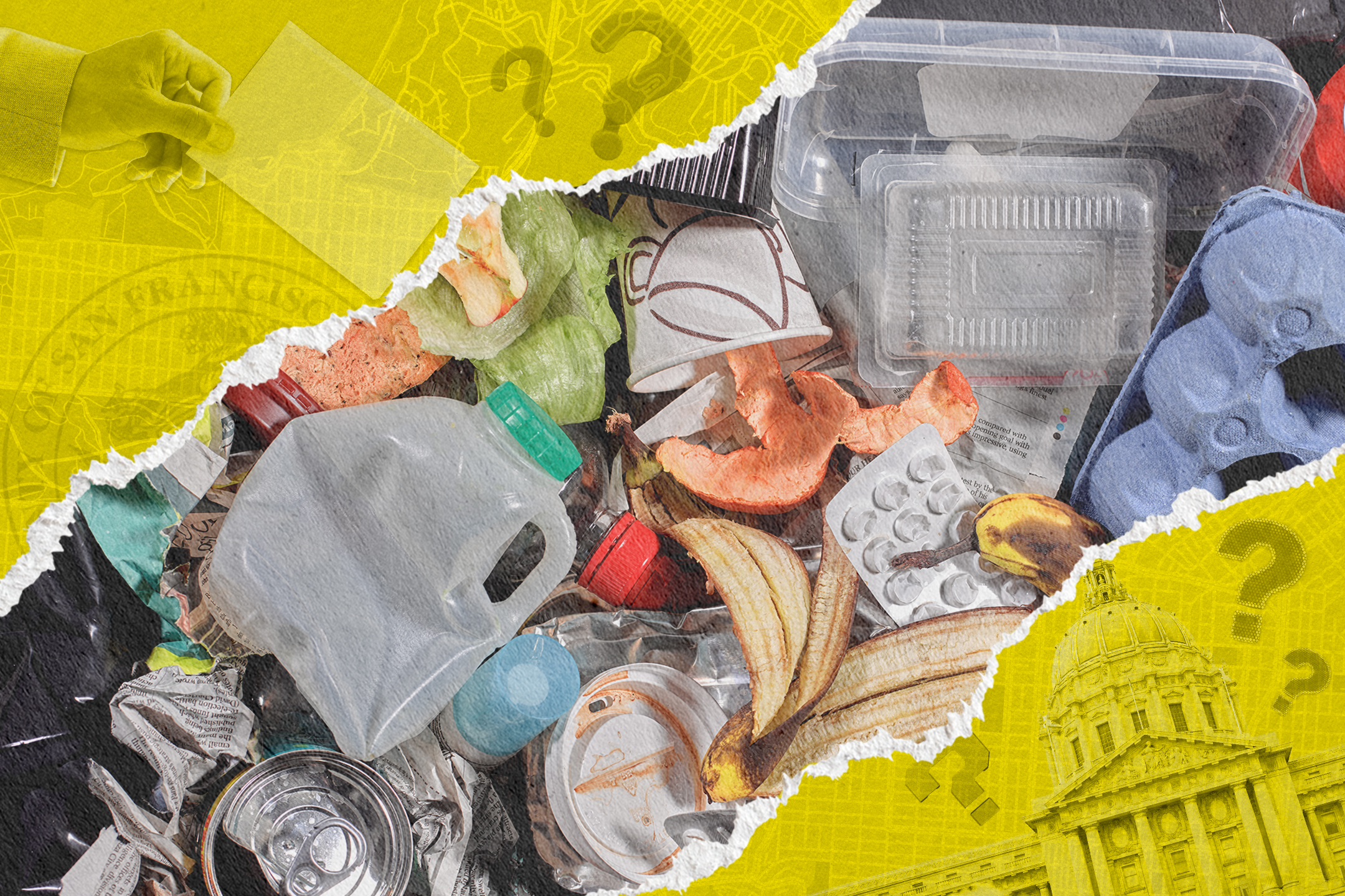 The image shows a collage of mixed trash, including plastic bottles, food scraps, and packaging, against a yellow background with question marks and city elements.