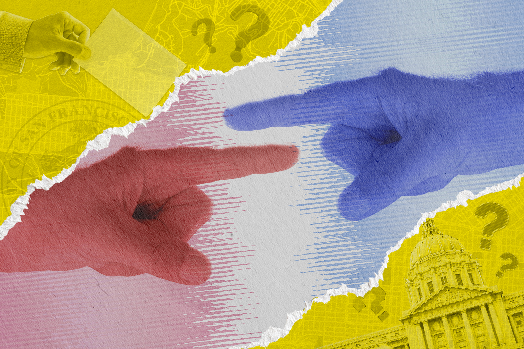 The image shows two hands, red and blue, pointing at each other against a textured background. It includes question marks and a faint cityscape in yellow.