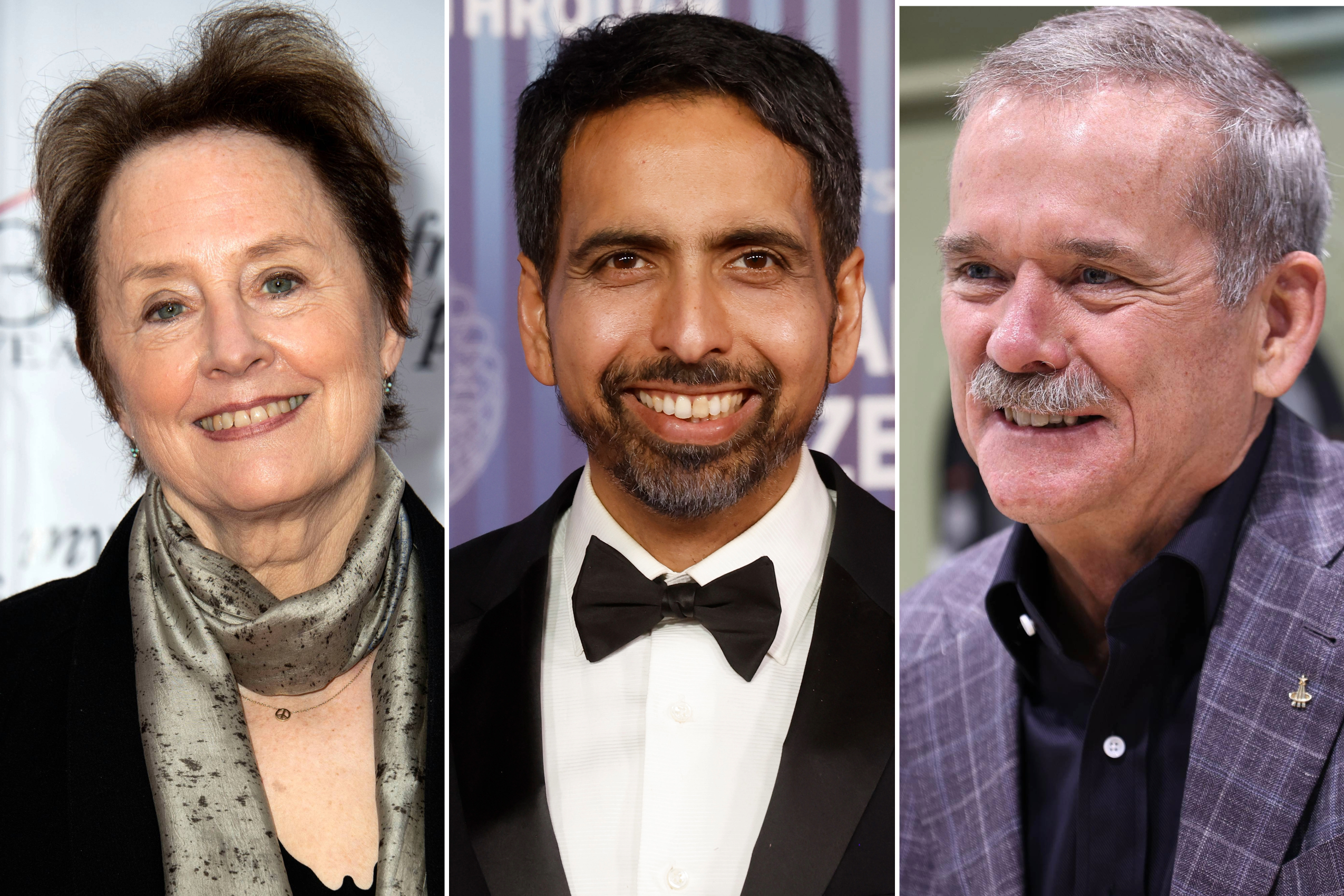 Three people are shown in side-by-side portraits: a smiling woman with short dark hair, a man with a beard in a tuxedo, and a man with a mustache in a checkered jacket.