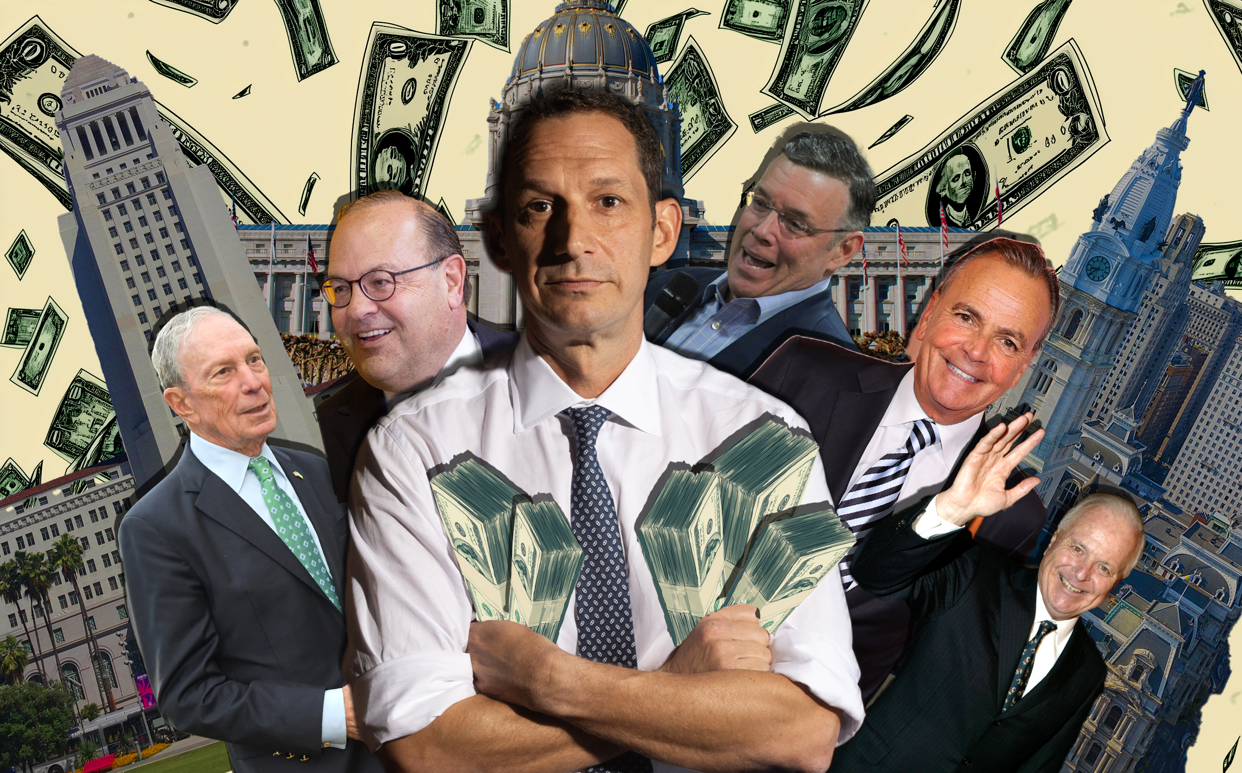 The image features a group of men, all previous U.S. mayors or mayoral candidates, in suits with skyscrapers and dollar bills in the background. The man in the center, SF mayoral candidate Daniel Lurie, crosses his arms, holding money.