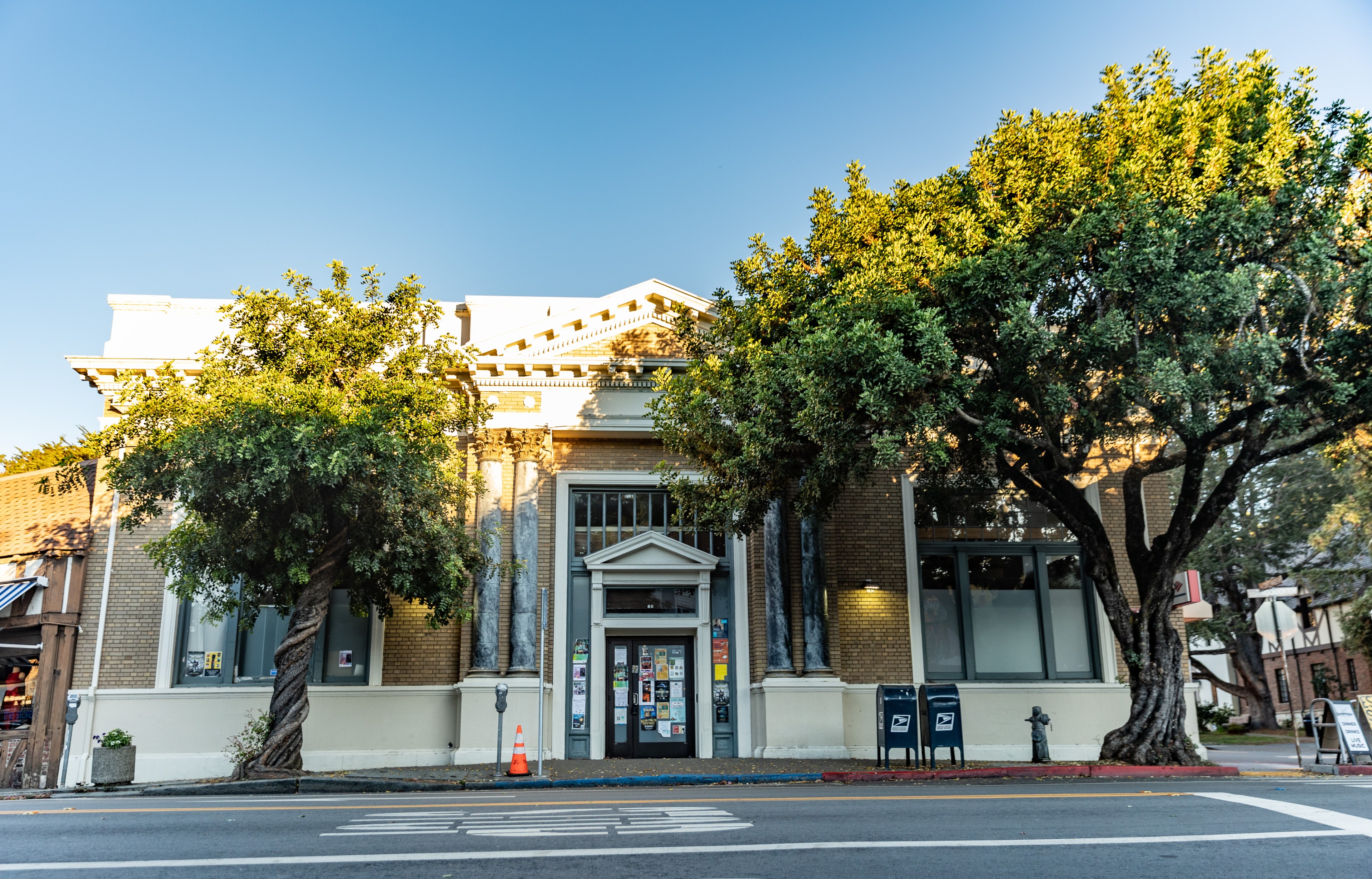 The image shows a classic brick building with white columns, flanked by two large, leafy trees. There are posters on the door and two blue mailboxes nearby.