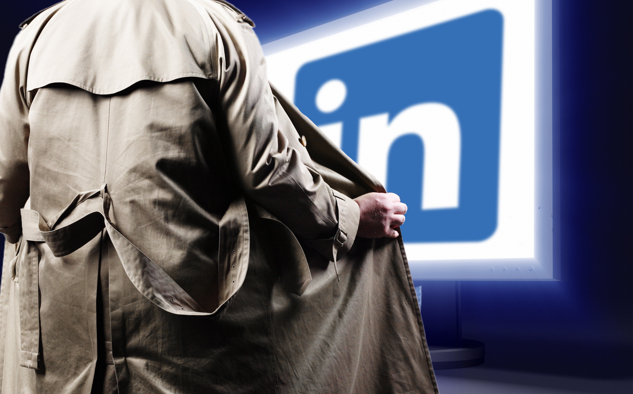 A person in a trench coat is facing a large screen displaying the LinkedIn logo, with the coat held open dramatically, as if to reveal something.