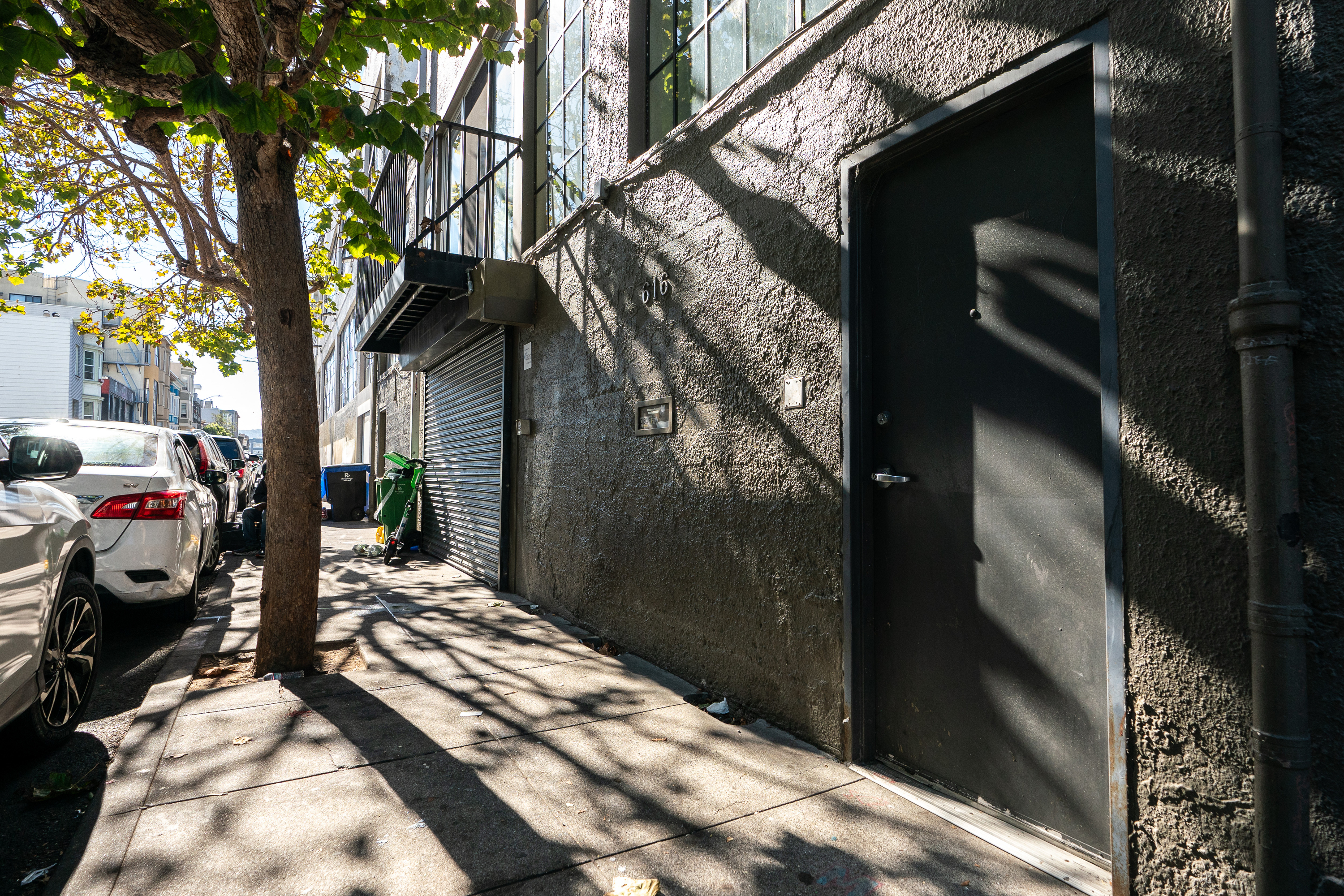 Sunlit alley shows a row of parked cars, a tree casting shadows, a textured building with a closed metal door, and a green trash bin near a roller shutter.