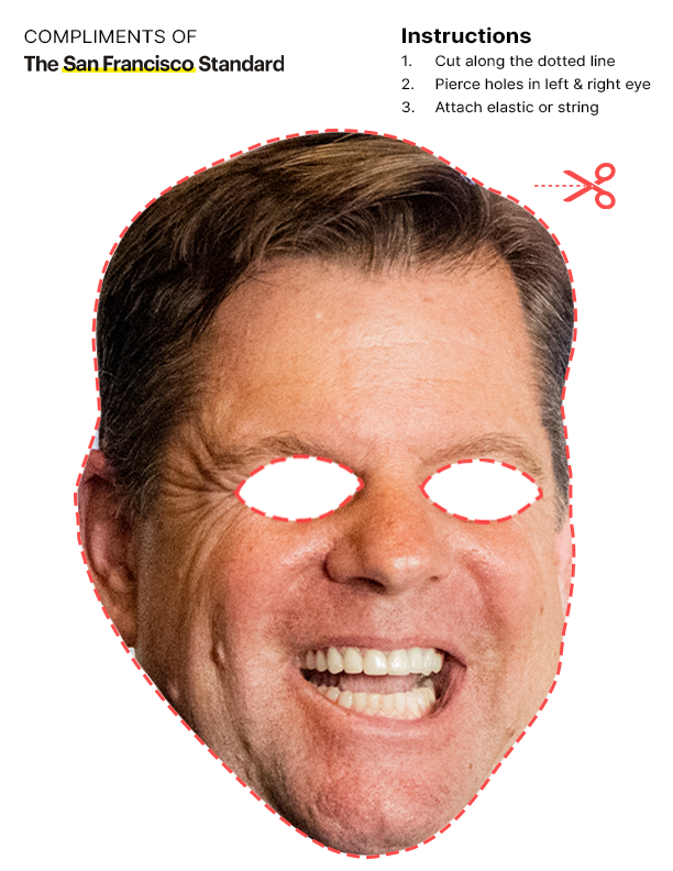 This image shows a cutout mask of a man's face with eye holes. Instructions on the side guide how to cut, pierce, and attach string for wearing.