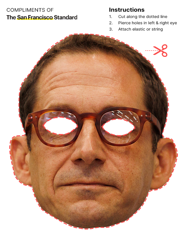 The image shows a cut-out mask of a man's face with glasses, featuring instructions for making a mask by cutting, piercing holes, and attaching string.