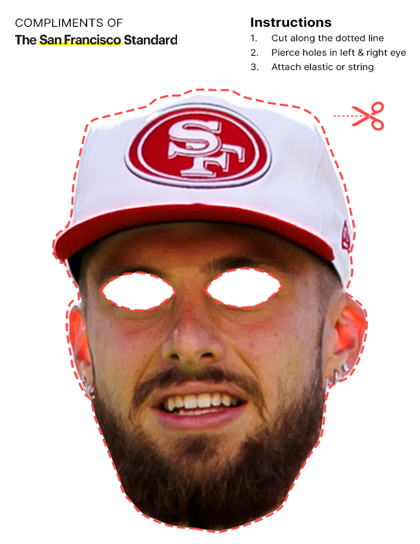 The image is a cutout mask of a bearded man wearing a white and red SF 49ers cap. Instructions are included for cutting and attaching the mask.