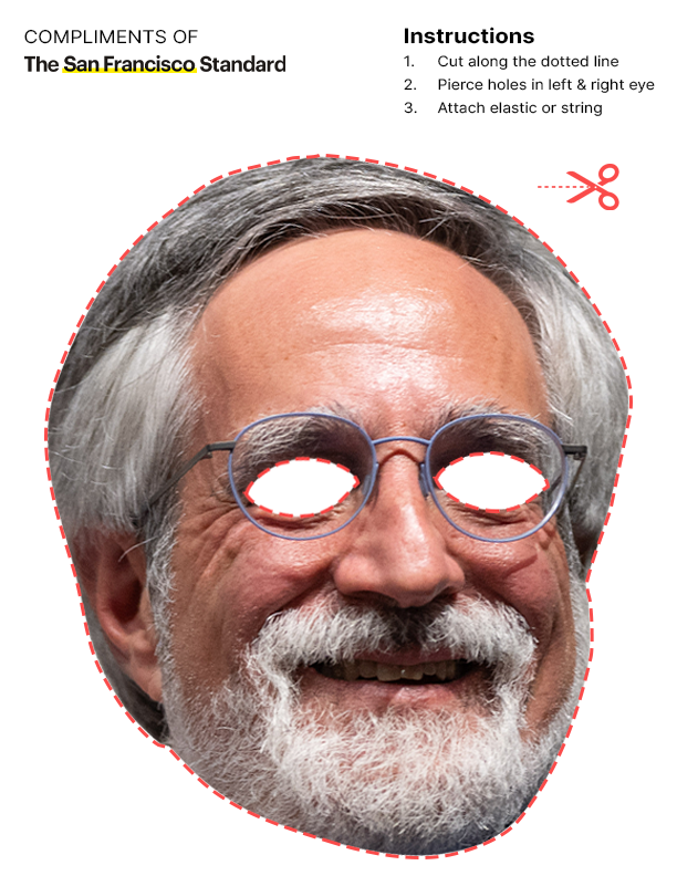 A cutout mask template of an older man with glasses and a white beard. Instructions for cutting and attaching are on the side.