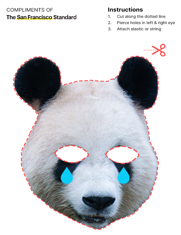 The image shows a panda face mask template with dotted cutting lines and tear-drop shapes below the eyes. Instructions for assembly are on the right side.