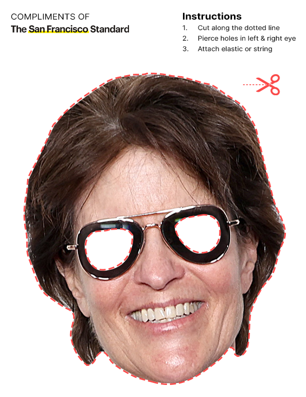 The image shows a cut-out mask template of a smiling person wearing sunglasses. Red dotted lines outline where to cut, along with brief assembly instructions.