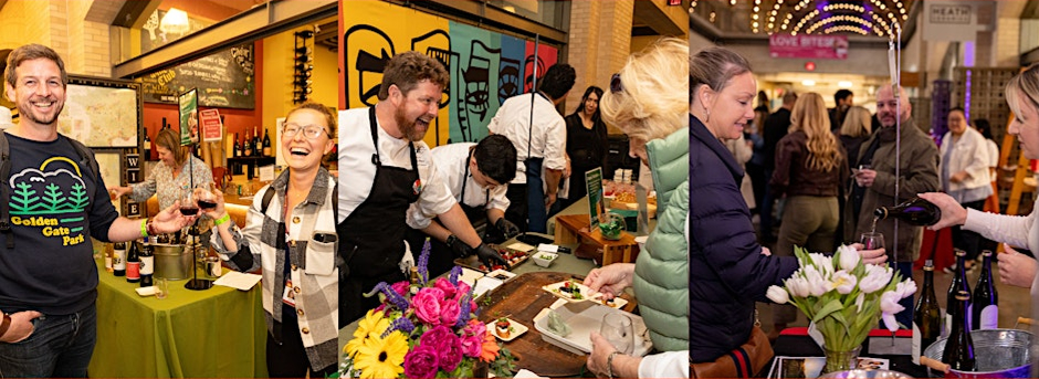 People are at a vibrant indoor food and wine event, sampling dishes and drinks from various stalls. There are colorful flowers and a lively atmosphere.