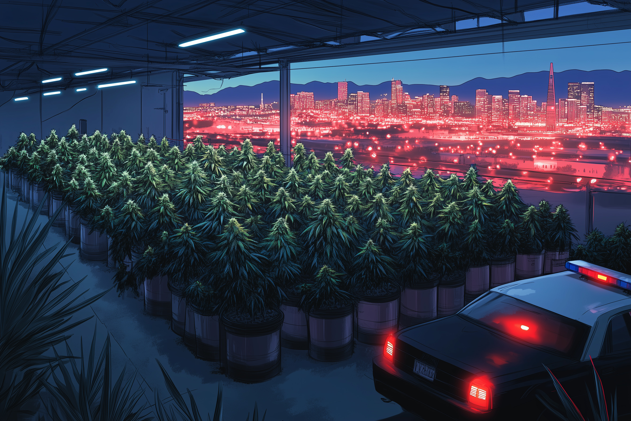 An indoor cannabis farm with rows of plants is illuminated by bright lights. In the foreground, a police car with flashing lights is seen, and a city skyline glows in the background.