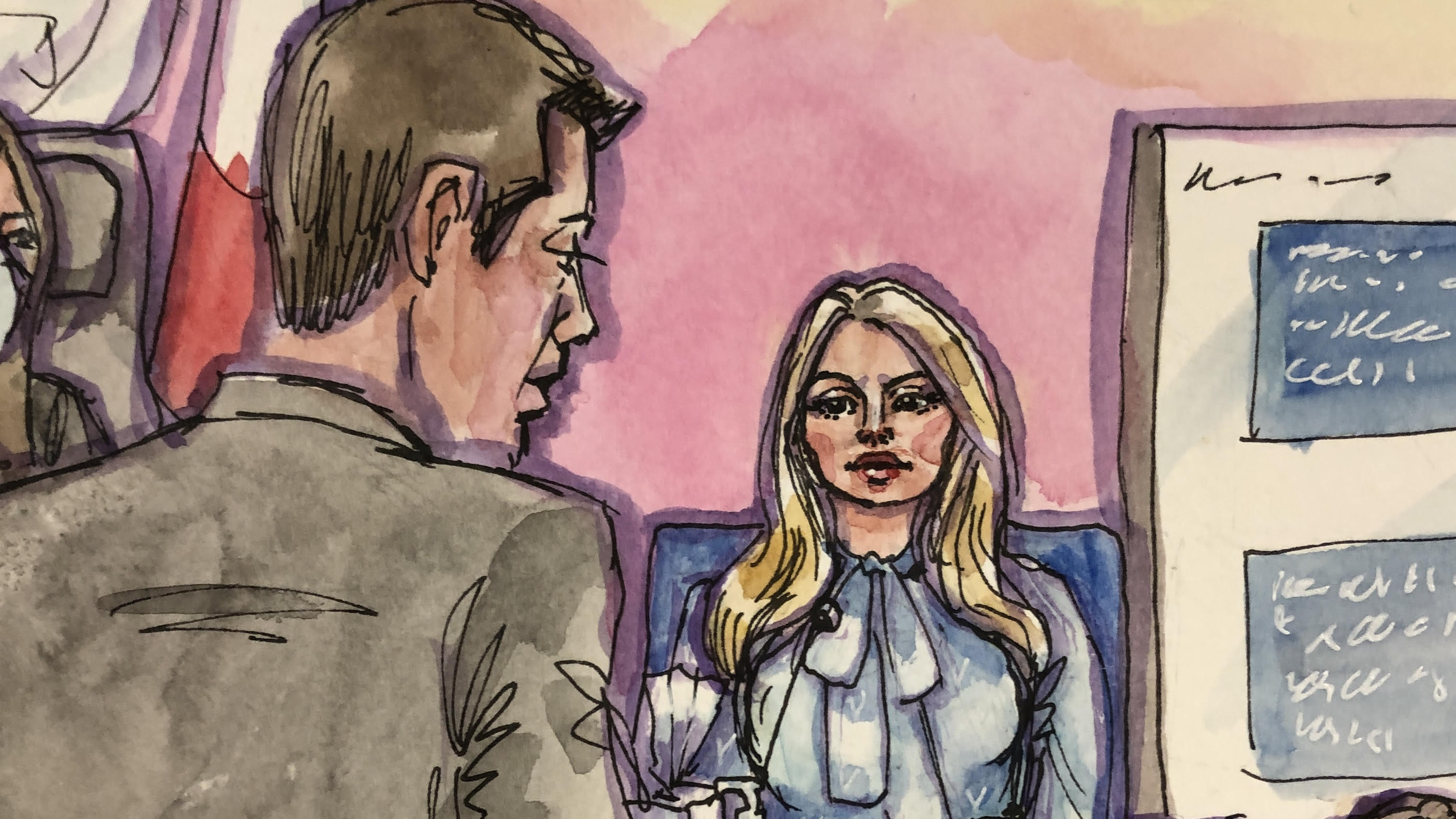 A hand-drawn image shows two people facing each other. The woman has long blonde hair, wearing a blue blouse, and there's a man in a gray suit. The background is pink.