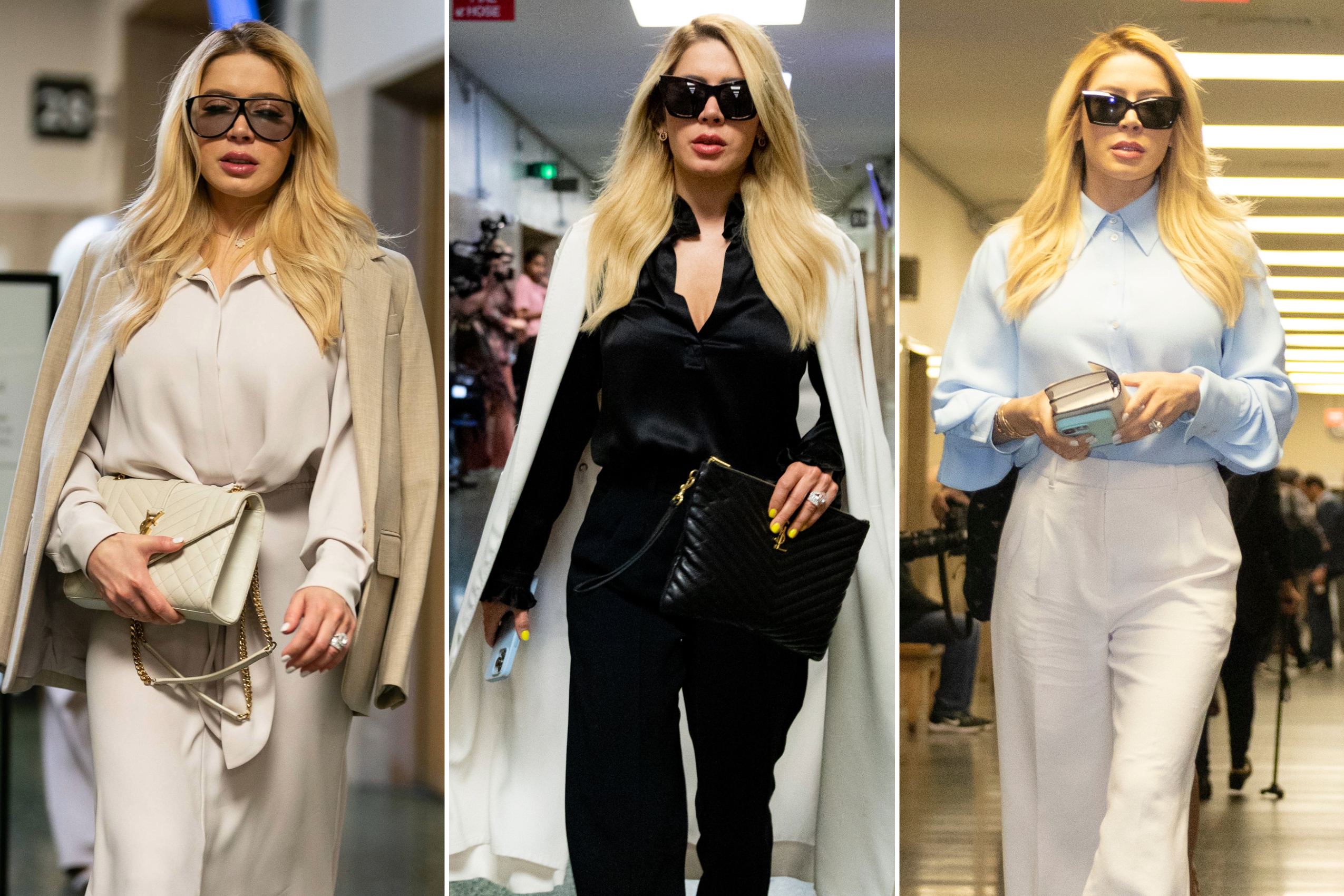 The image shows a woman in three different stylish outfits: cream pantsuit, black blouse with white coat, and light blue blouse with white pants, each accessorized with sunglasses.