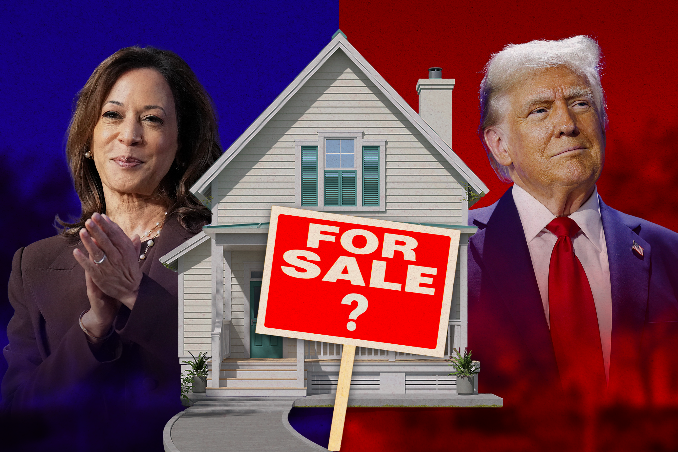 The image depicts a house with a large "For Sale?" sign in front. On the left, there's a woman clapping, and on the right, a man stands with a neutral expression.