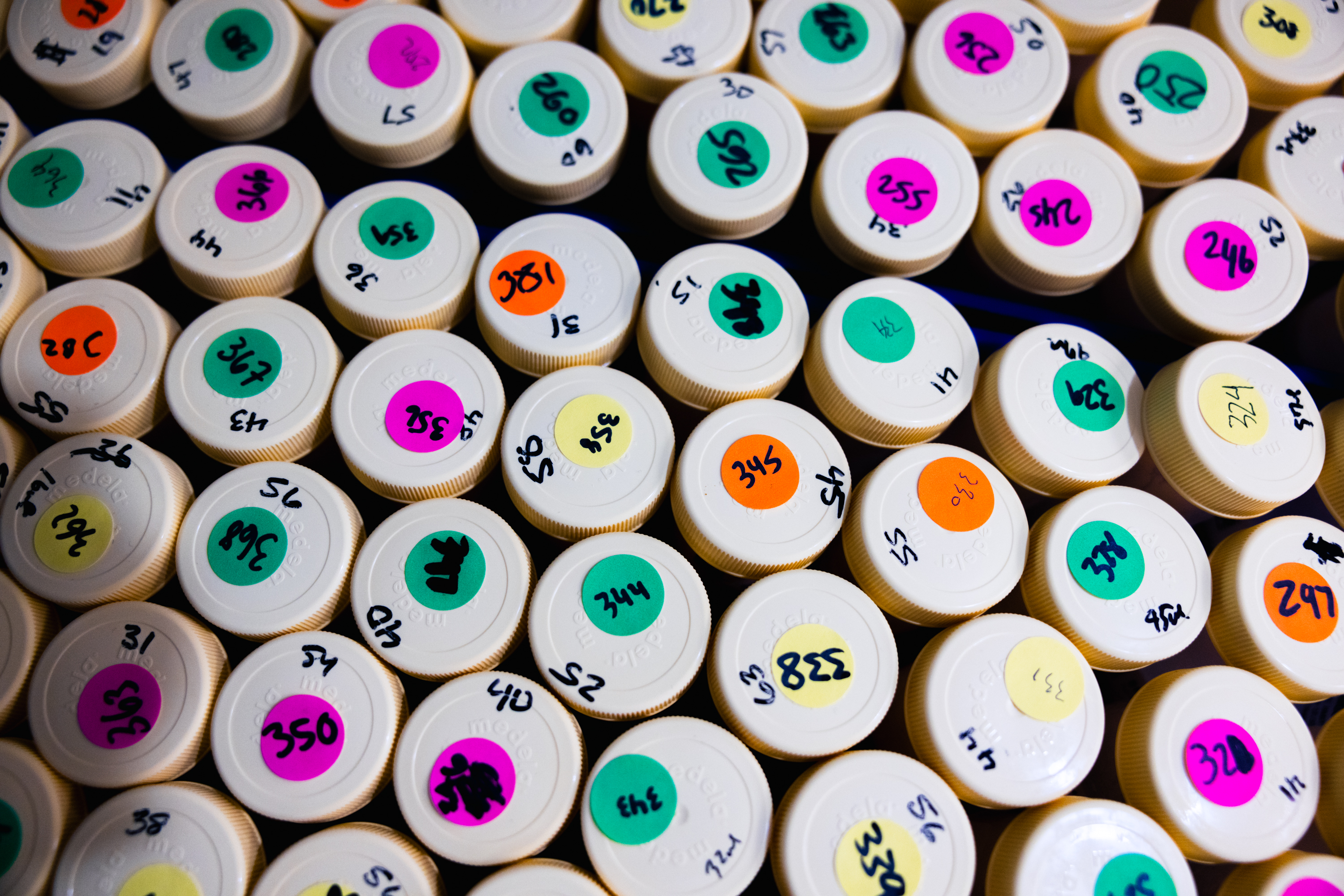 The image shows a collection of beige plastic bottle caps, each with colorful circular stickers and handwritten numbers and letters on top.