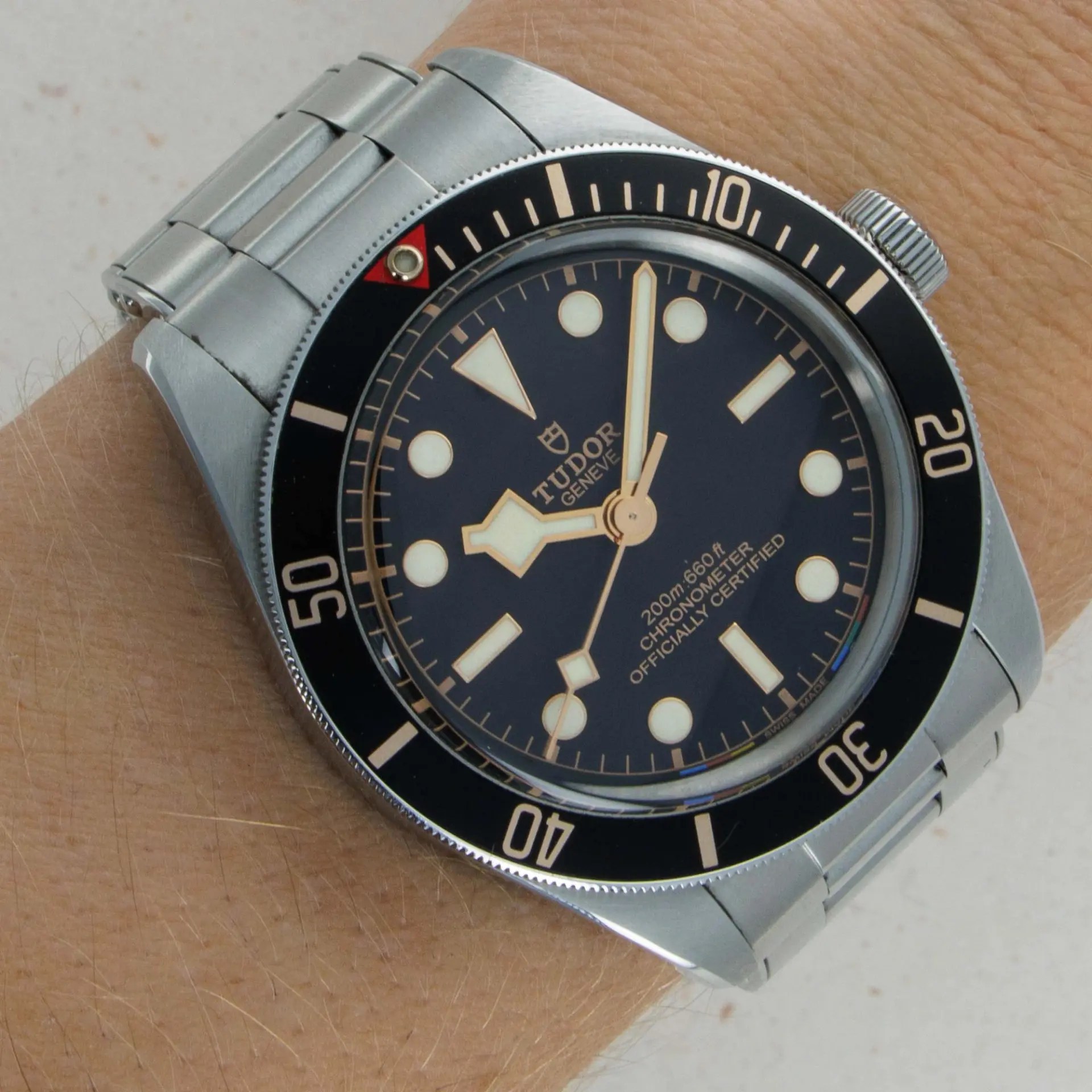 A stainless steel wristwatch with a black dial, luminous markers, and a black bezel showing numbers. The watch displays &quot;Tudor&quot; and &quot;200m/660ft.&quot;