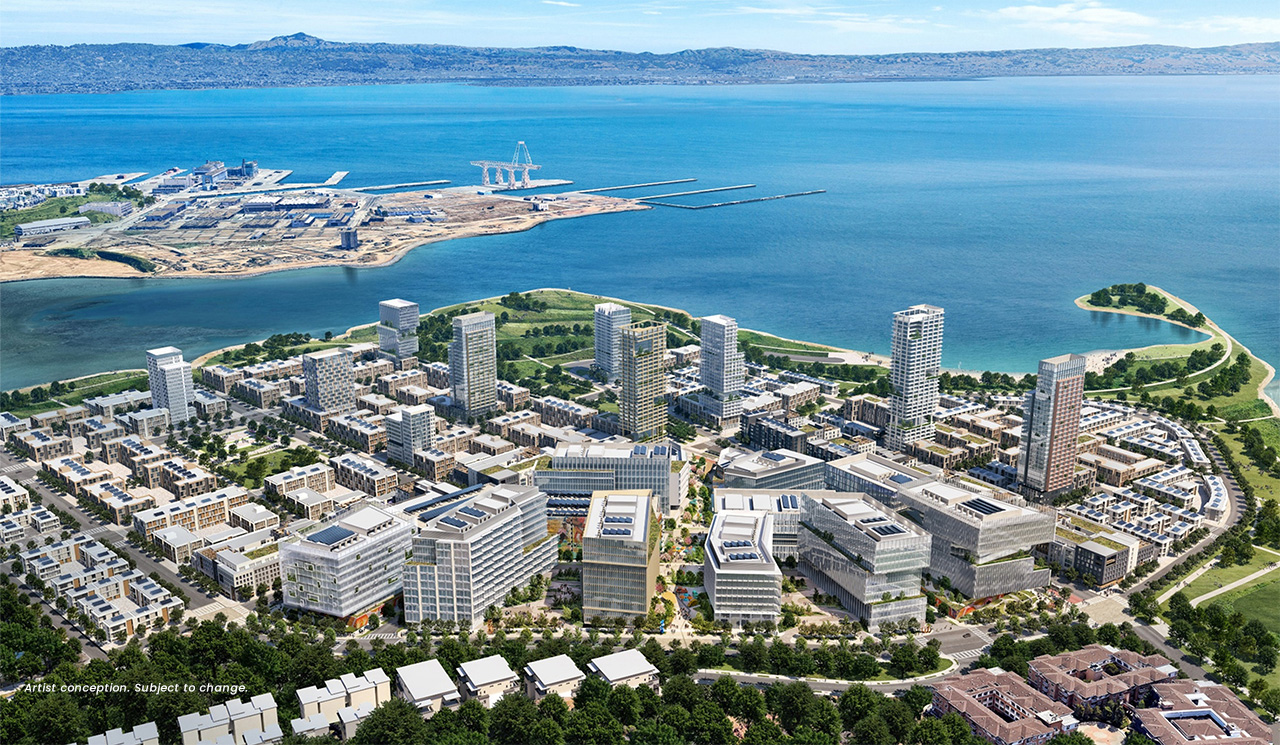 The image depicts an aerial view of a modern cityscape with high-rise buildings, green spaces, and a waterfront. In the distance, there's a bridge and mountains.