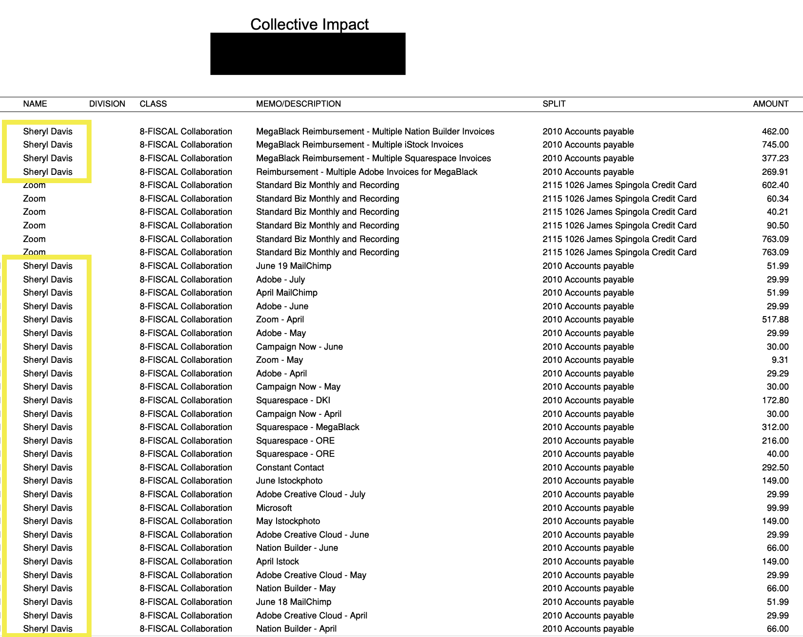 The image shows a financial document titled &quot;Collective Impact&quot; with entries for &quot;Sheryl Davis&quot; and &quot;Zoom.&quot;