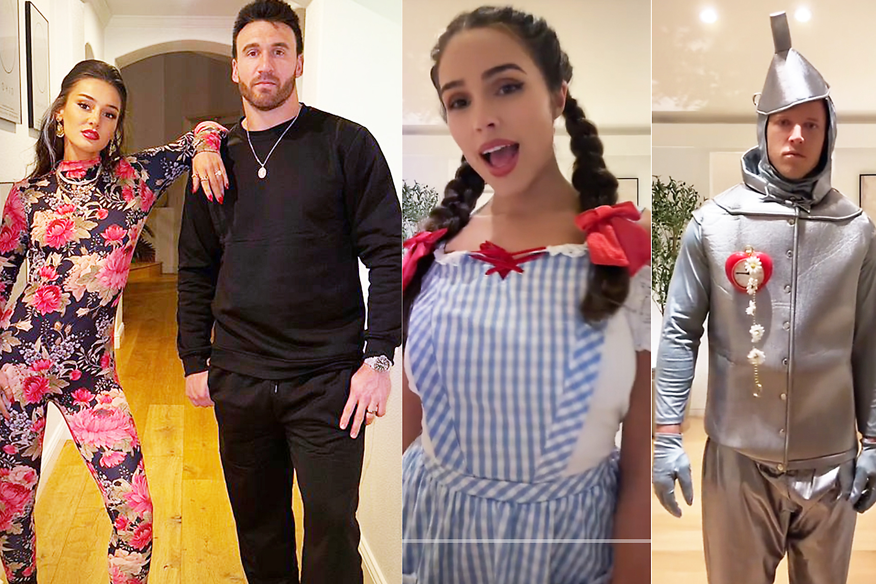 Model and actress Olivia Culpo posted a TikTok video on Tuesday of herself as Dorothy from “Wizard of Oz”, center right, alongside injured husband Christian McCaffrey as the Tin Man, right, and fashion designer Kristin Juszczyk posted an Instagram Tuesday of her as Mona Lisa Vito, farleft, and her husband, fullback Kyle Juszczyk, center left, as lawyer Vinny Gambini from “My Cousin Vinnie.”