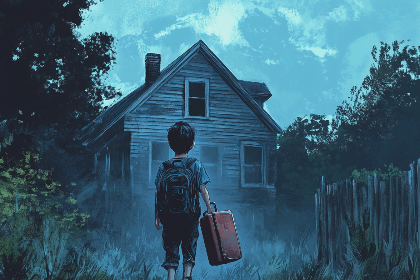 A young boy with a backpack and suitcase stands before an old, weathered house surrounded by overgrown grass and trees, under a blue, cloudy sky.