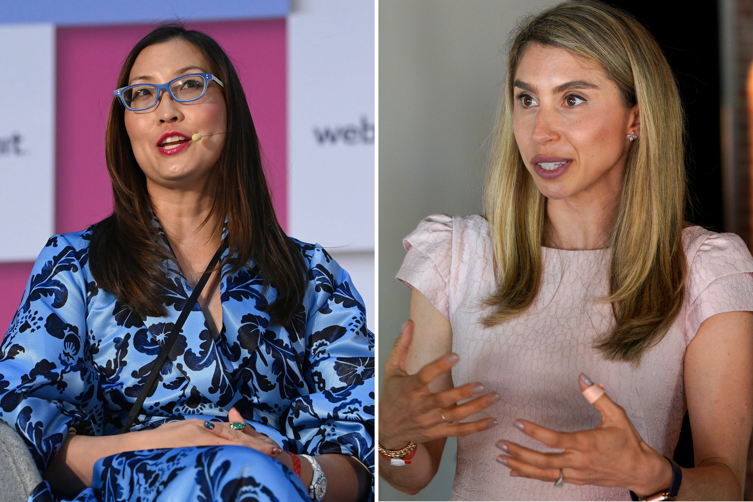 The image shows two women. The woman on the left wears blue patterned clothing and glasses, speaking at an event. The woman on the right wears a light pink top, gesturing.