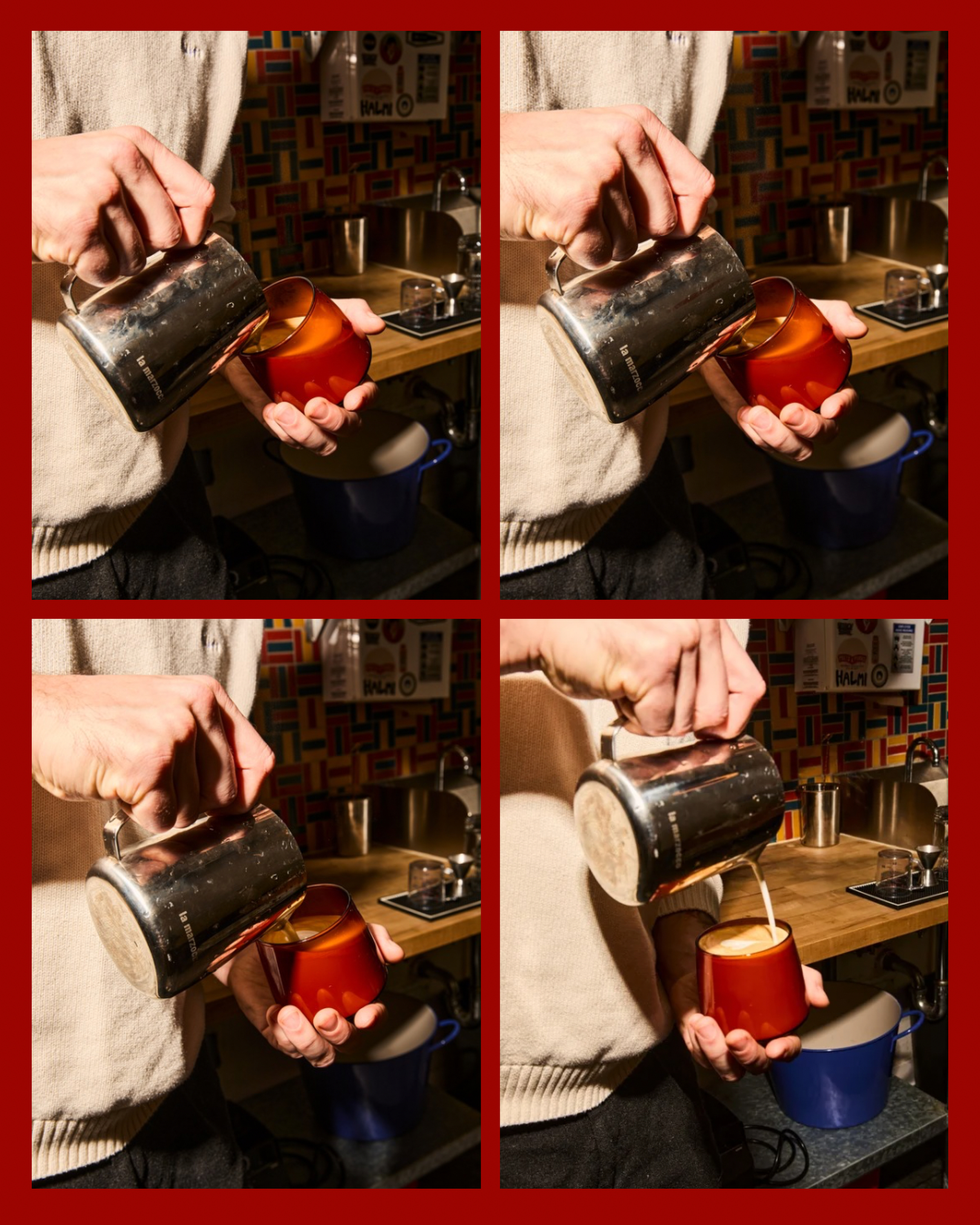 A person is pouring liquid from a metal pitcher into a red cup in a kitchen with a colorful tiled backsplash. There are counters, a sink, and containers nearby.