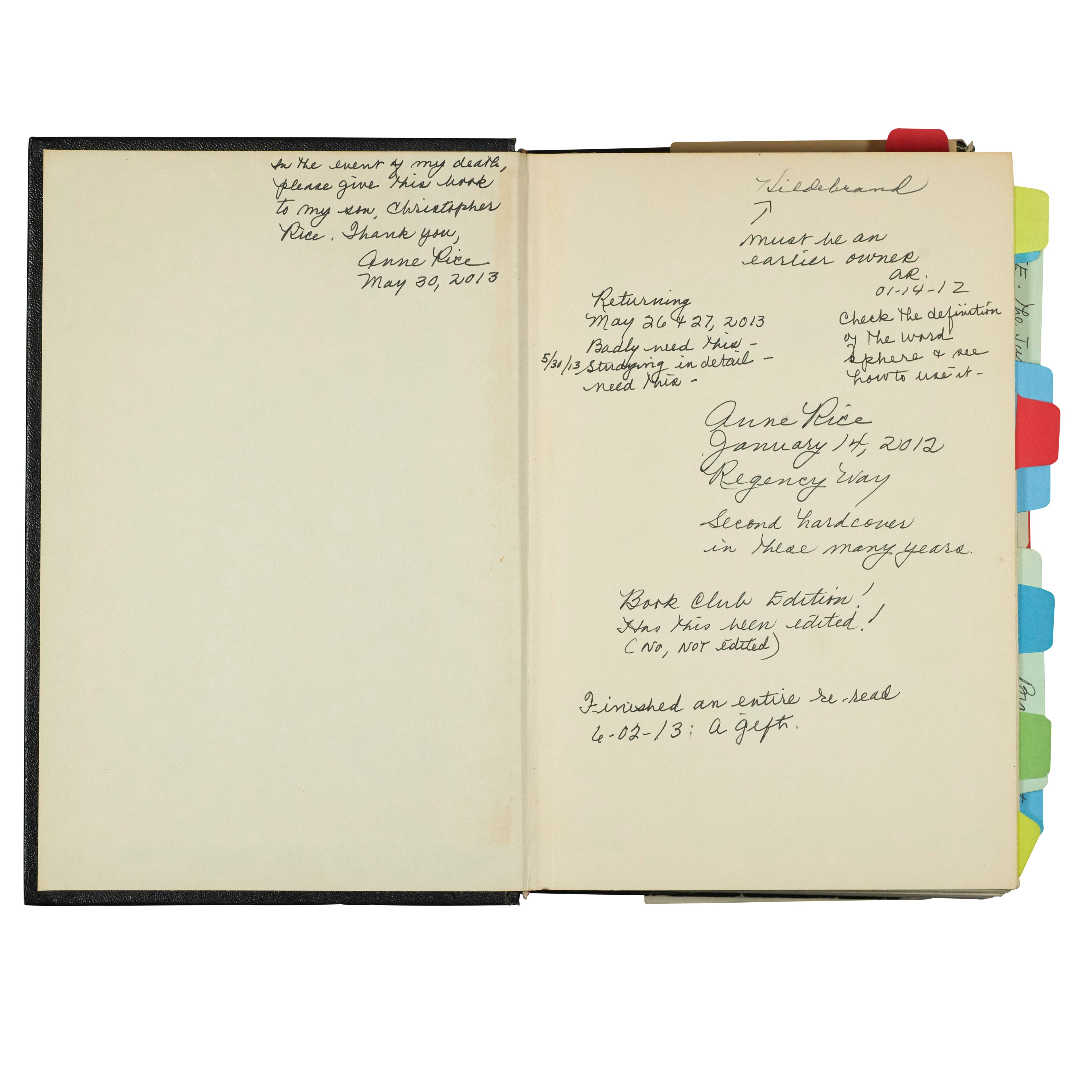 The image shows an open book with handwritten notes on both pages, including dates, messages to a son, and references to book clubs and previous owners. Colorful tabs are visible.