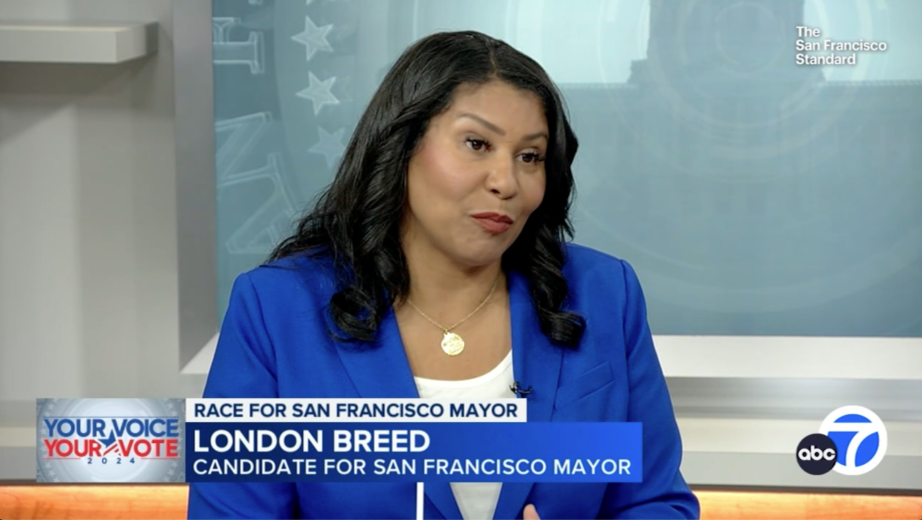 The image shows a woman in a blue blazer, identified as London Breed, a candidate for San Francisco Mayor, during a television interview on ABC7.