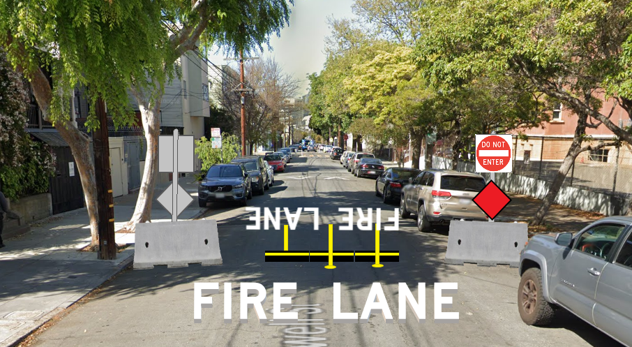 This image shows a street lined with parked cars and trees. A &quot;FIRE LANE&quot; is painted on the road, blocked off with barriers and a &quot;DO NOT ENTER&quot; sign.