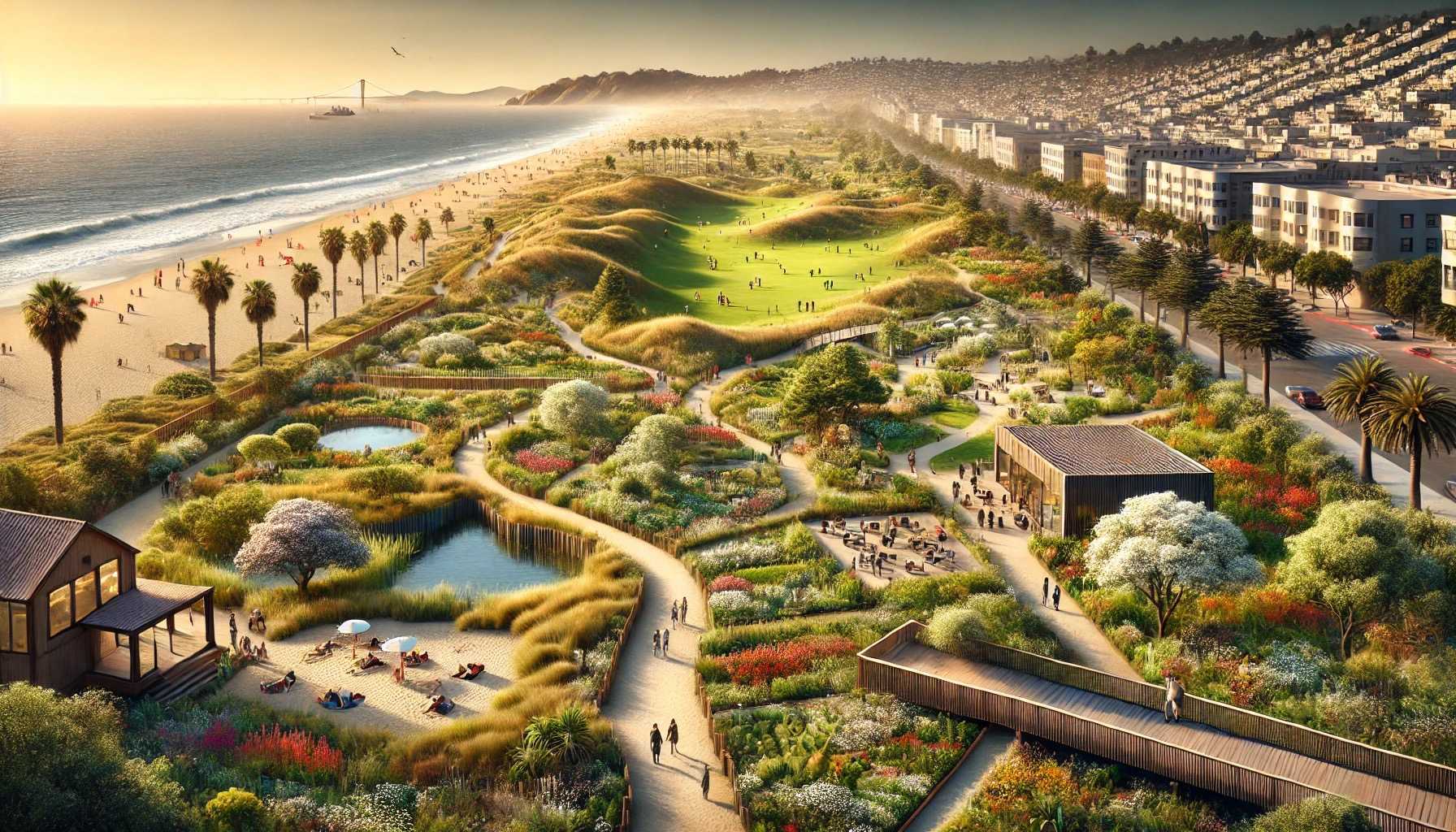 The image shows a vibrant coastal park with lush gardens, walking paths, and picnic areas beside a sandy beach lined with palm trees. Buildings extend along the coastline.