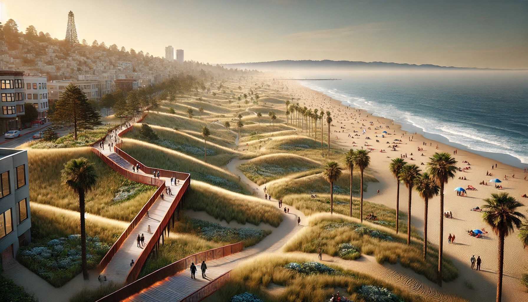 A scenic coastal view features a winding boardwalk, grassy dunes, palm trees, and a sandy beach with waves lapping the shore, framed by a city skyline.