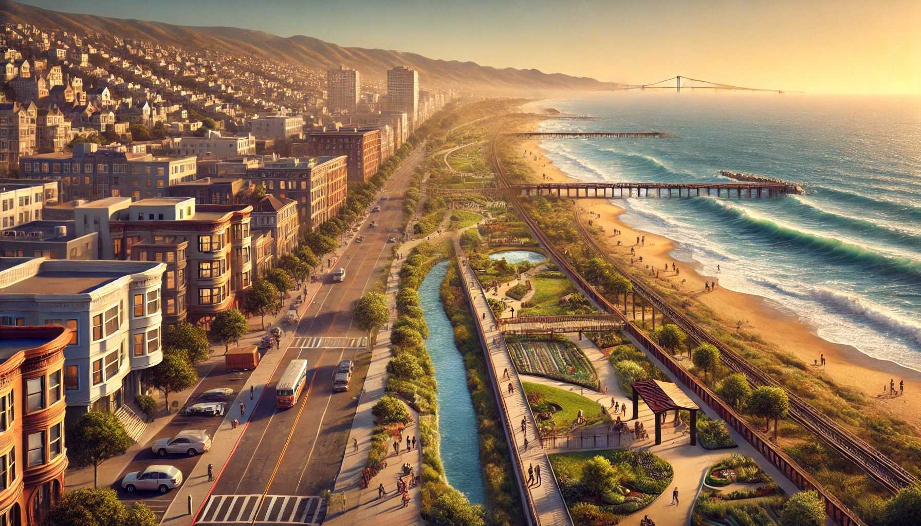 The image depicts a scenic coastal city with a bustling road, lined with buildings and greenery. A beach, pier, and bridge are visible, and people enjoy the oceanfront.