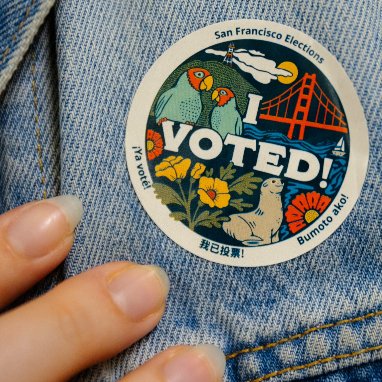 The image shows an &quot;I Voted!&quot; sticker with parakeets, the Golden Gate Bridge, and a seal, set against a denim background with fingers partially visible.