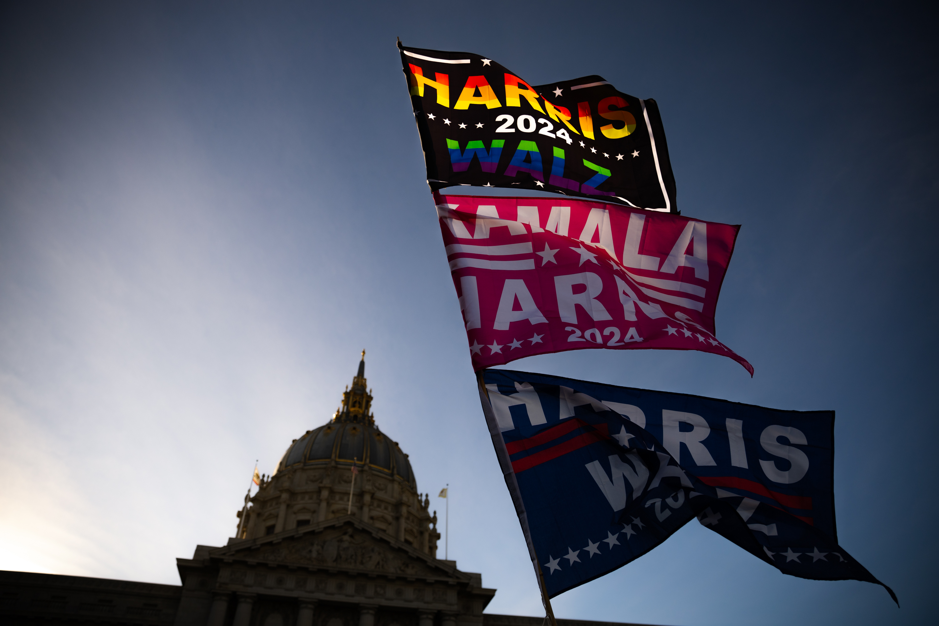 Three colorful campaign flags flutter against a twilight sky, displaying &quot;Harris 2024&quot; and &quot;Walz&quot; with a domed building silhouetted in the background.