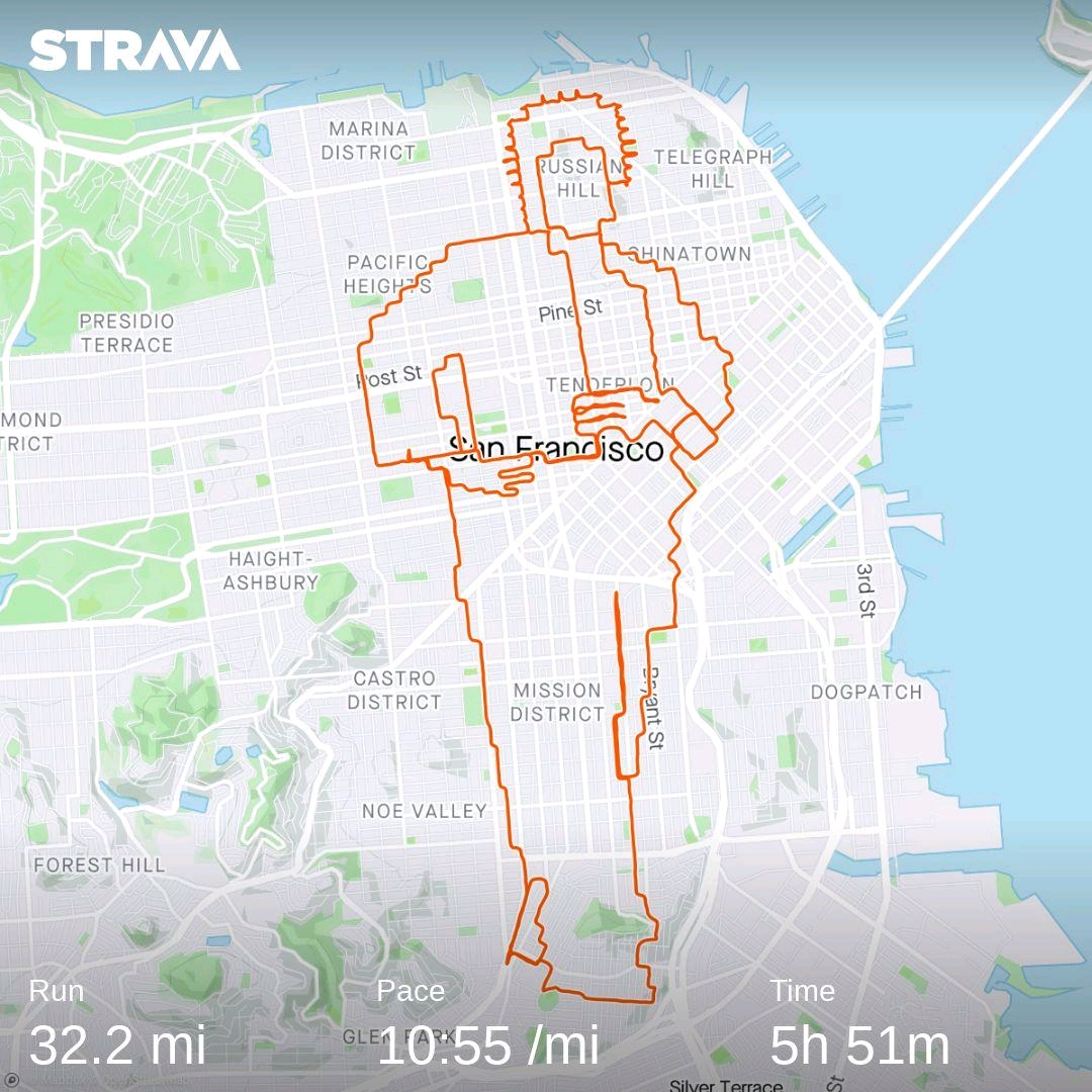 The image is a map of San Francisco with a GPS running route forming the outline of a giant figure holding a torch, resembling the Statue of Liberty.